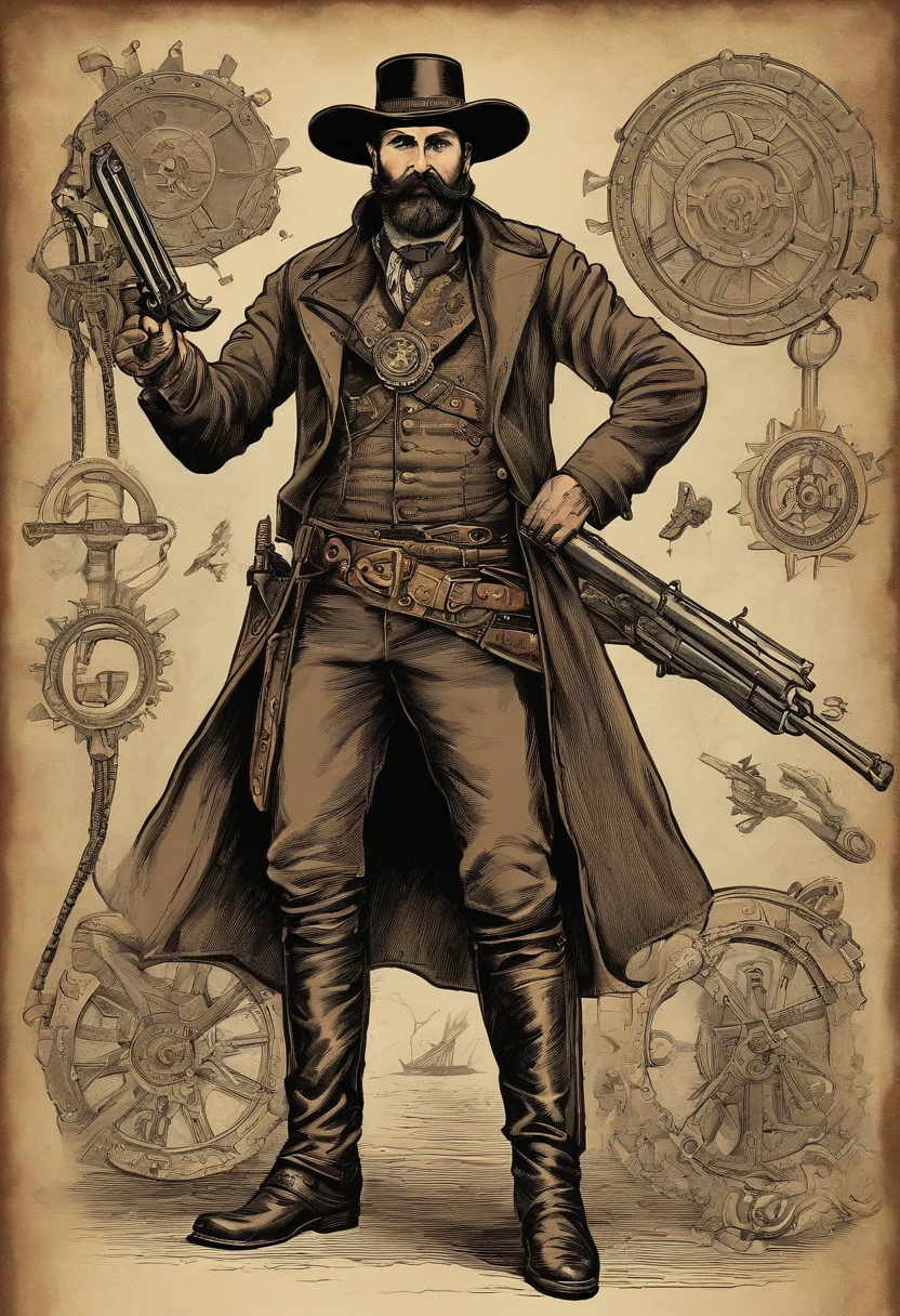Query: Depiction of a skinny, short-bearded gunslinger from the Wild West in combat with aliens, In the style of comic books. Translation into Portuguese: Depiction of a skinny, short-bearded gunslinger from the Wild West in combat with aliens, In the style of comic books.