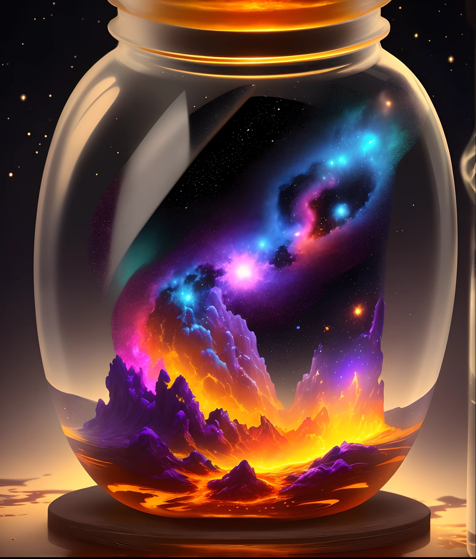 a close up of a glass jar with a colorful galaxy inside, galaxy in a bottle, lightning in a bottle, vial of stars, amazing wallpaper, glowing liquid, dreamscape in a jar, liquid glowing aura, cosmic energy, lava lamp, astral background, liquid fire, by Adam Marczyński, galactic energy, otherworldly visuals, wallpaper 4k