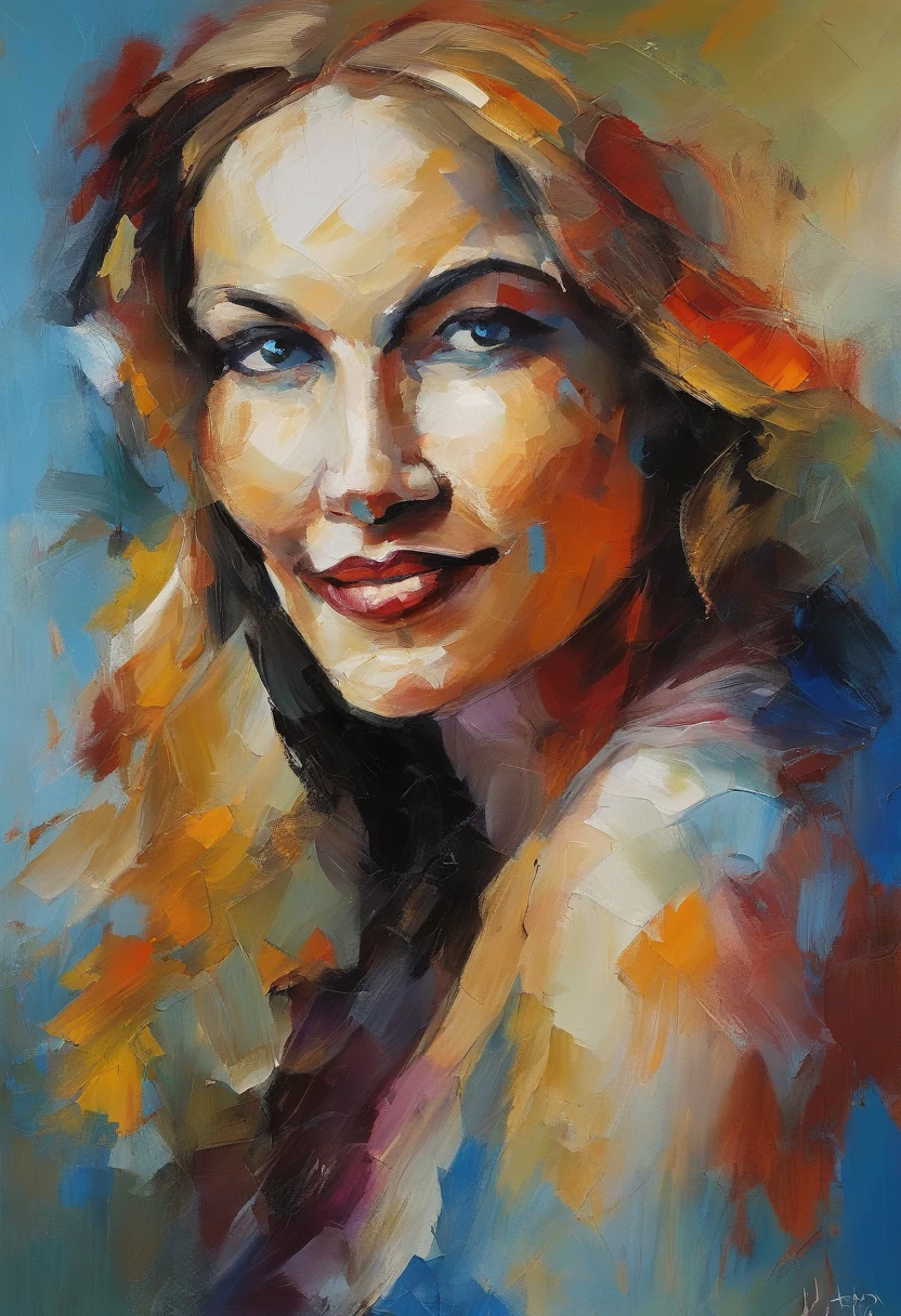 portrait of a woman, Very beautiful woman, Long Blond Hair, Smiling eyes staring at the camera, Smiling mouth, Expose the blue P dress, acrylic painting, Bold and expressive brushwork, Impressionistic style, Spectacular surreal background, Very heavy brush strokes with thick textured paint, Expert lighting and shadows, High contrast, Fine Art Painting, Wadim Kashin.