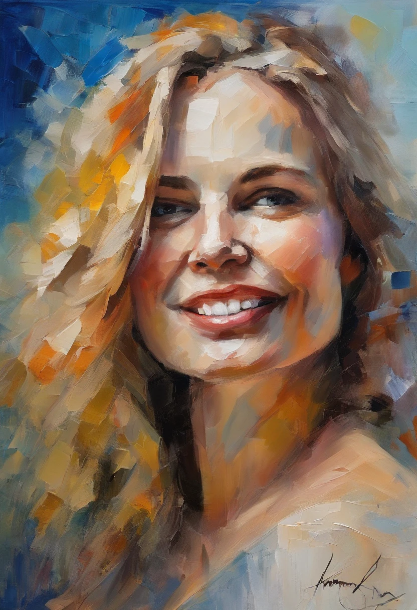 portrait of a woman, Very beautiful woman, Long Blond Hair, Smiling eyes staring at the camera, Smiling mouth, Expose the blue P dress, acrylic painting, Bold and expressive brushwork, Impressionistic style, Spectacular surreal background, Very heavy brush strokes with thick textured paint, Expert lighting and shadows, High contrast, Fine Art Painting, Wadim Kashin.