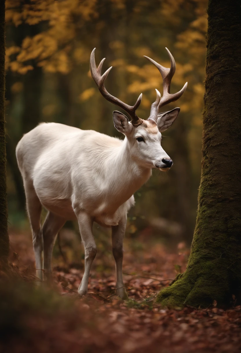 a white buck with small horns adorned with large leaves and vines in a enchanted forest background