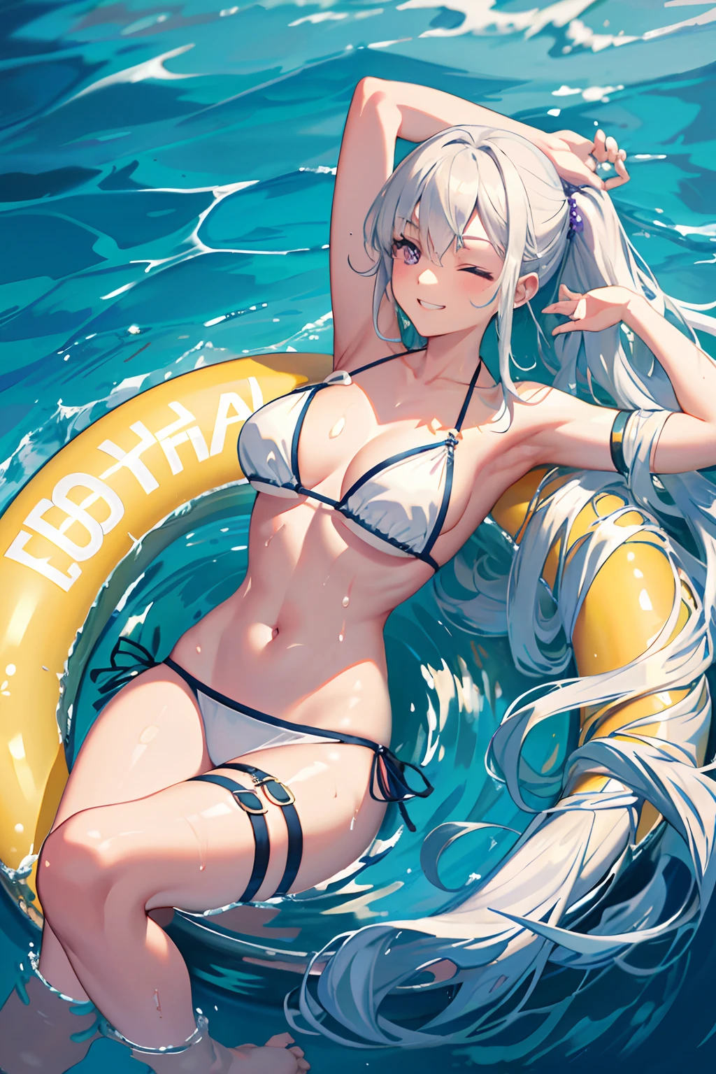 8k, highres, ultra detailed, (masterpiece:1.4),, 1girl , arched back , arm strap , armpits , arms up , clear sky , cleavage , crossed legs , from above , from behind , grin , hair spread out , horizon , knees up , layered bikini , lens flare , looking at viewer , looking up , lying , medium breasts , mountainous horizon , navel , ocean , on back , one eye closed , open shirt , purple eyes , seaside , shallow water , shore , side-tie bikini bottom , sky , smile , solo , string bikini , thigh strap , upside-down , very long hair , water , waves , wet ,wet clothes , wet shirt ,white bikini , white hair , white halo , white shirt , yellow innertube