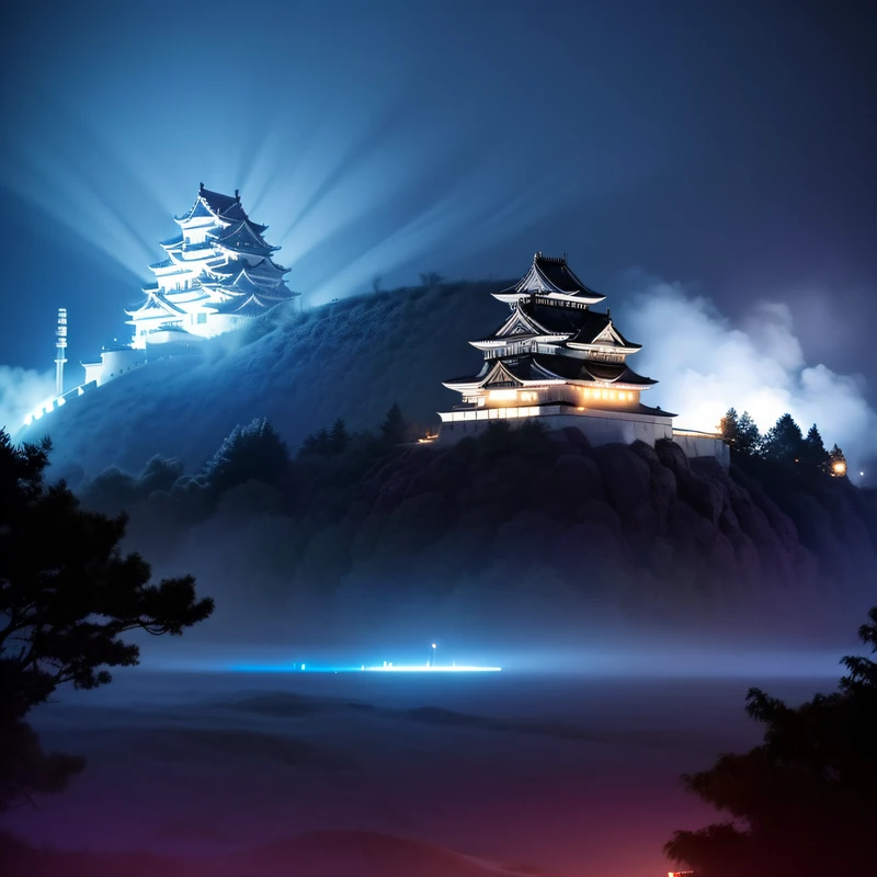 ((Himeji Castle, a world heritage site, shines blue-white in the magical fog on a pitch-black night.)), ((Himeji Castle, a national treasure, shines blue-white on a pitch-black night, shrouded in magical fog.)), (neon light effect:1.4), (black light effect:1.4), BREAK ((Best Quality, 8k))