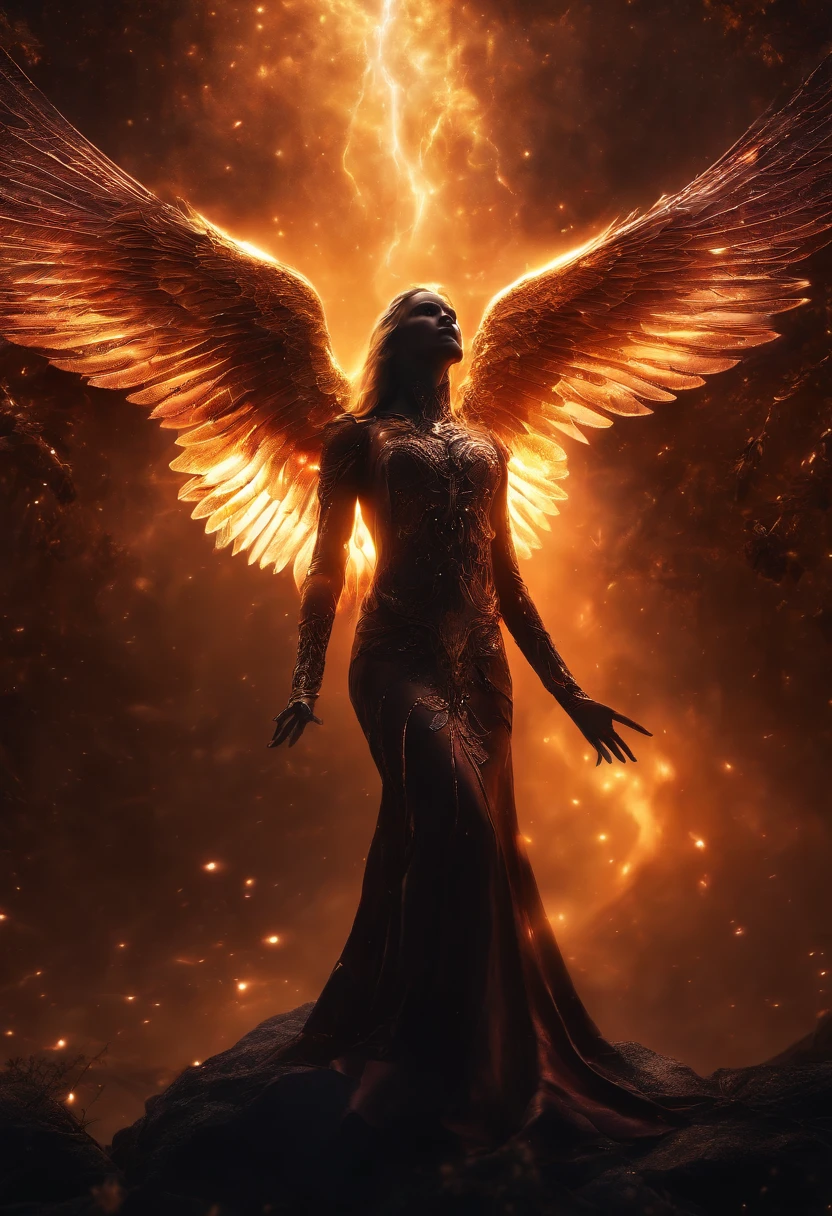 cosmic fallen angel, olhos claros brilhantes, Biomechanicals, estranho, assustador, Pesadelo, cores muito brilhantes, light particles, com luz brilhante, Mshiff, Arte do papel de parede, Papel de parede UHD