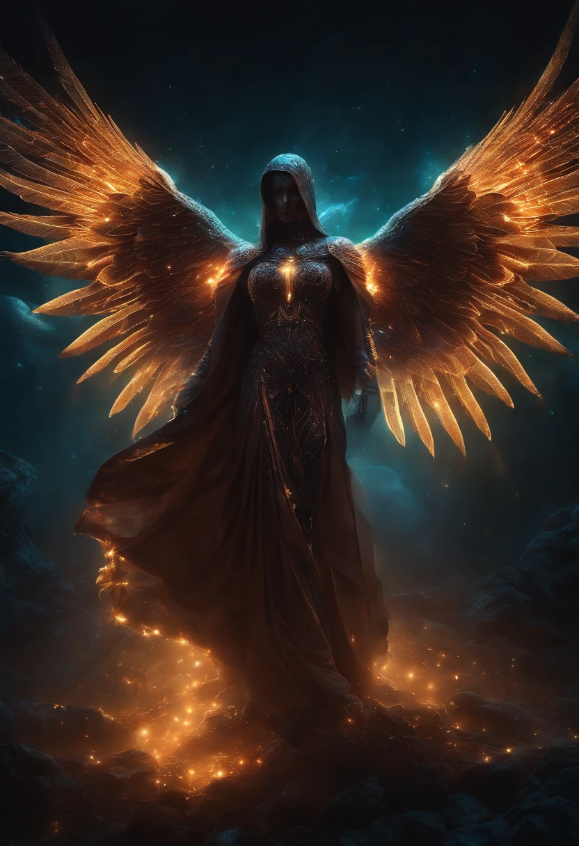 Cosmic Fallen Angel, glowing light eyes, Biomechanical, eerie, Creepy, nightmarish, Very bright colors, Light particles, with light glowing, Mshiv, wallpaper art, UHD wallpaper