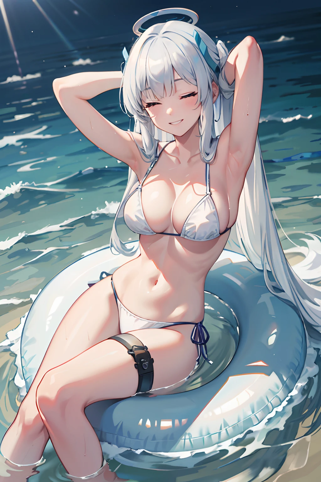 8k, highres, ultra detailed, (masterpiece:1.4),, 1girl , arched back , arm strap , armpits , arms up , clear sky , cleavage , crossed legs , from above , from behind , grin , hair spread out , horizon , knees up , layered bikini , lens flare , looking at viewer , looking up , lying , medium breasts , mountainous horizon , navel , ocean , on back , one eye closed , open shirt , purple eyes , seaside , shallow water , shore , side-tie bikini bottom , sky , smile , solo , string bikini , thigh strap , upside-down , very long hair , water , waves , wet ,wet clothes , wet shirt ,white bikini , white hair , white halo , white shirt , yellow innertube,noa (blue archive)