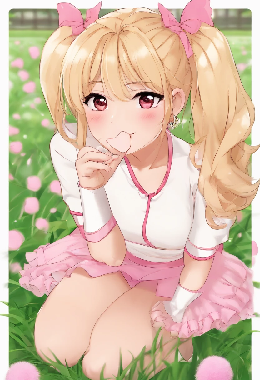 OTOSQUAT (Masterpiece, Best Quality, Colorful), Otoko no ko, 1 boy, Squatting, facing viewer, mature, milf, pink cheerleader uniform, cheerleader, skirt, pink, big pom poms, feminine, long blond hair, ponytail, sweating, blushing, smiling, heavy breathing, Outside, grass field, No panties, (penis:1.1), glans, (precum:1.1), thick thighs, Eyelashes, Makeup, Eyeliner, lipstick, frills, ribbon, sloppy, bright light, colorful,