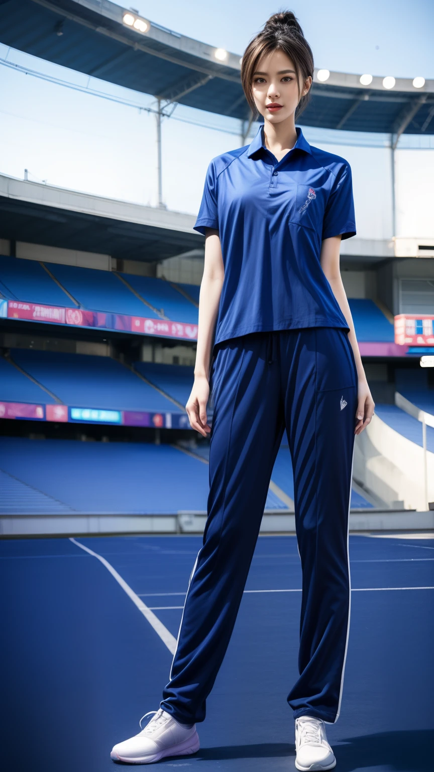 (bestquality,10,10,highres,masterpiece:1.2),ultra-detail,(Realistic,photorealistic portrait,photo-realistic:1.37),1 Cute girl in the football field,oily shiny skin,bara,light smile,BDclothes,((blue shirt:1.3)),short sleeves,shirt, trousers.,(navy_long_Pants Track:1.1), ((Stadium Background:1.3)),dynamic angle,excited,face focus,Dynamic Poses,from behide,Ass Focus,masterpiece, bestquality, ultra realistic, hyper-detail, 8k resolution, RAW photo, crisp focus, ((Navy blue shirt:1.1)), short sleeves, Long Path, Perfect body, 2 mature women, 18yo, cinematic light,Blue sweatpants,Gymware,Correct anatomy,Complete body, Correct body, sharp face, Anatomically correct body, full entire body, Realistic gestures, long-haired, Realistic poses,Wear long shorts..............,Long leg span,Shapely,Sculpting Girl, Slender Figure, mannequin mannequins, Shapely, Beautiful body,Blue sweatpants, Full-body stand