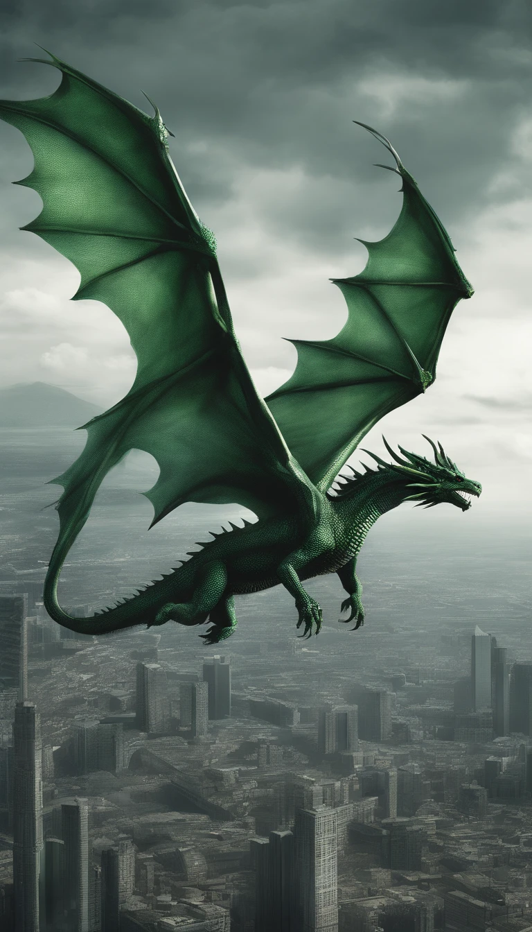 Green Dragon in flight from geo data in the style of a detailed photo shoot of hyperrealism