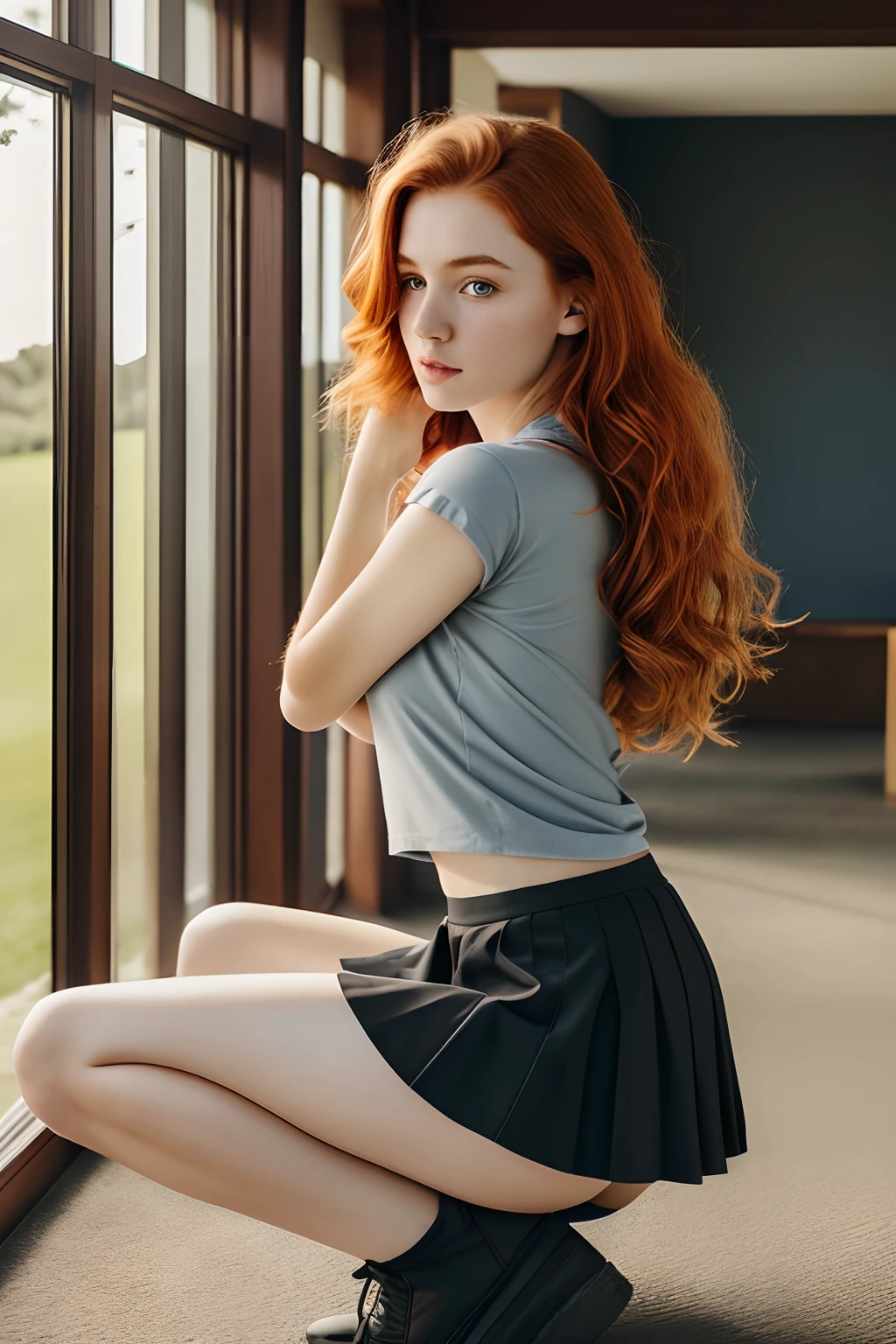 (()1girl in, age19, Solo, Aesthetic artwork, irish  redhead, wavy ginger hair, shoulder length ginger hair, gray eyes, light grey eyes, some small freckles, pale skin, A-cup, small breasts, runners body, (textured skin, skin pores:1.1), (moles:0.8), imperfect skin, goosebumps))), she is on a golf course, (wearing short skirt: 1.6), (super short skirt: 1.25), (black skirt:1.3), wearing low cut croppedgolf shirt, (blue shirt:1.3), revealing chest, (pokies:1.5), ?????? outline, hard , shirt button undone, (extremely detailed 8k wallpaper), front lighting, high quality, film grain, Fujifilm XT3 sharp focus, f 5.6, 50mm, High Detail, Sharp focus, (natural light), (seductive), Realistic, ultra realistic, photo realistic