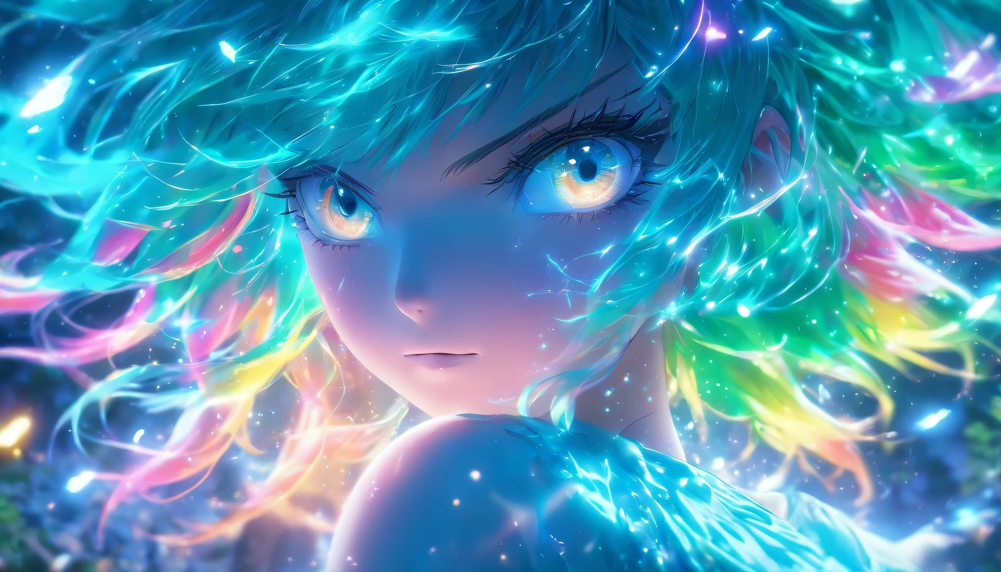 (Best quality,4K,8K,A high resolution,Masterpiece:1.2),Ultra-detailed,(Realistic,Photorealistic,photo-realistic:1.37),femele,Turquoise eyes glow,rainbow colour hair,Cast luminous spells,mystical forest,illustration,enchanting atmosphere,Vibrant colors,Soft lighting