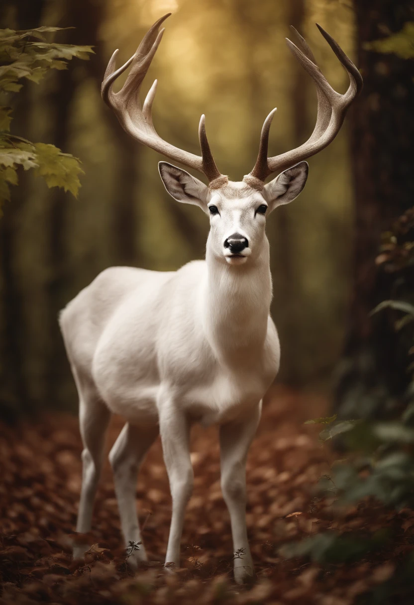 a white buck with small horns adorned with large leaves and vines in a enchanted forest background