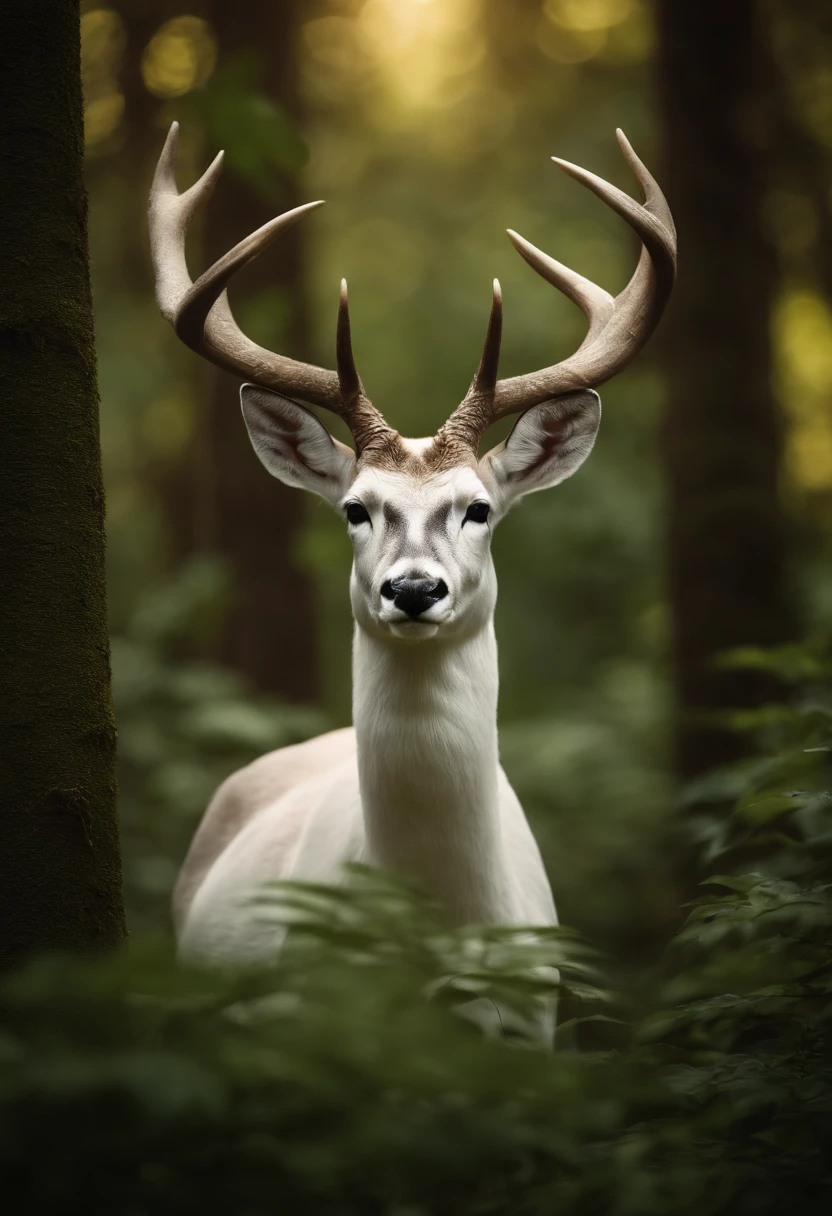a white buck with small horns adorned with large leaves and vines in a enchanted forest background
