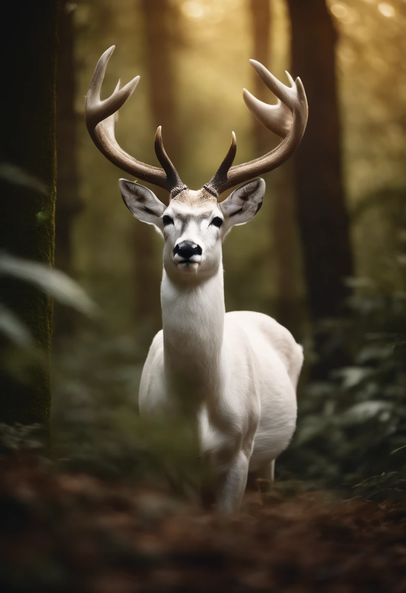 a white buck with small horns adorned with large leaves and vines in a enchanted forest background