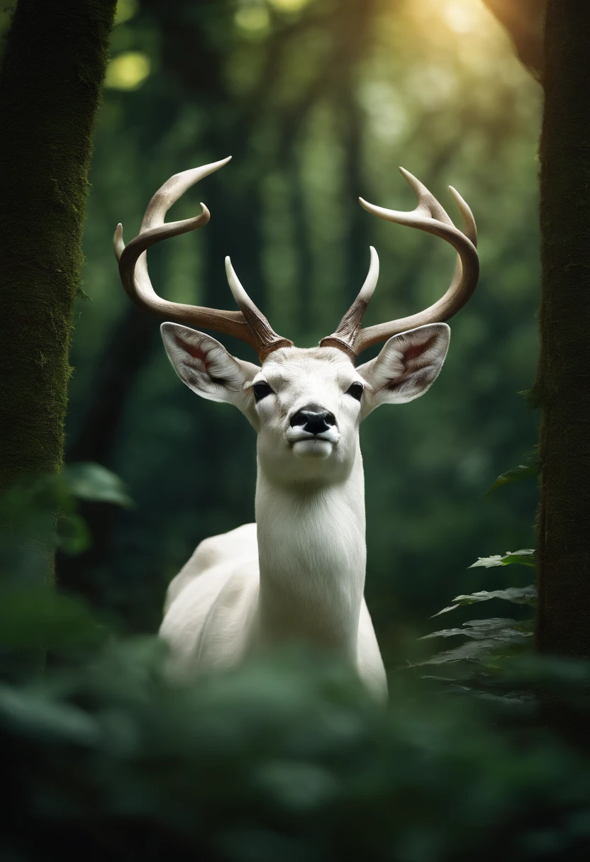 a white buck with small horns adorned with large leaves and vines in a enchanted forest background