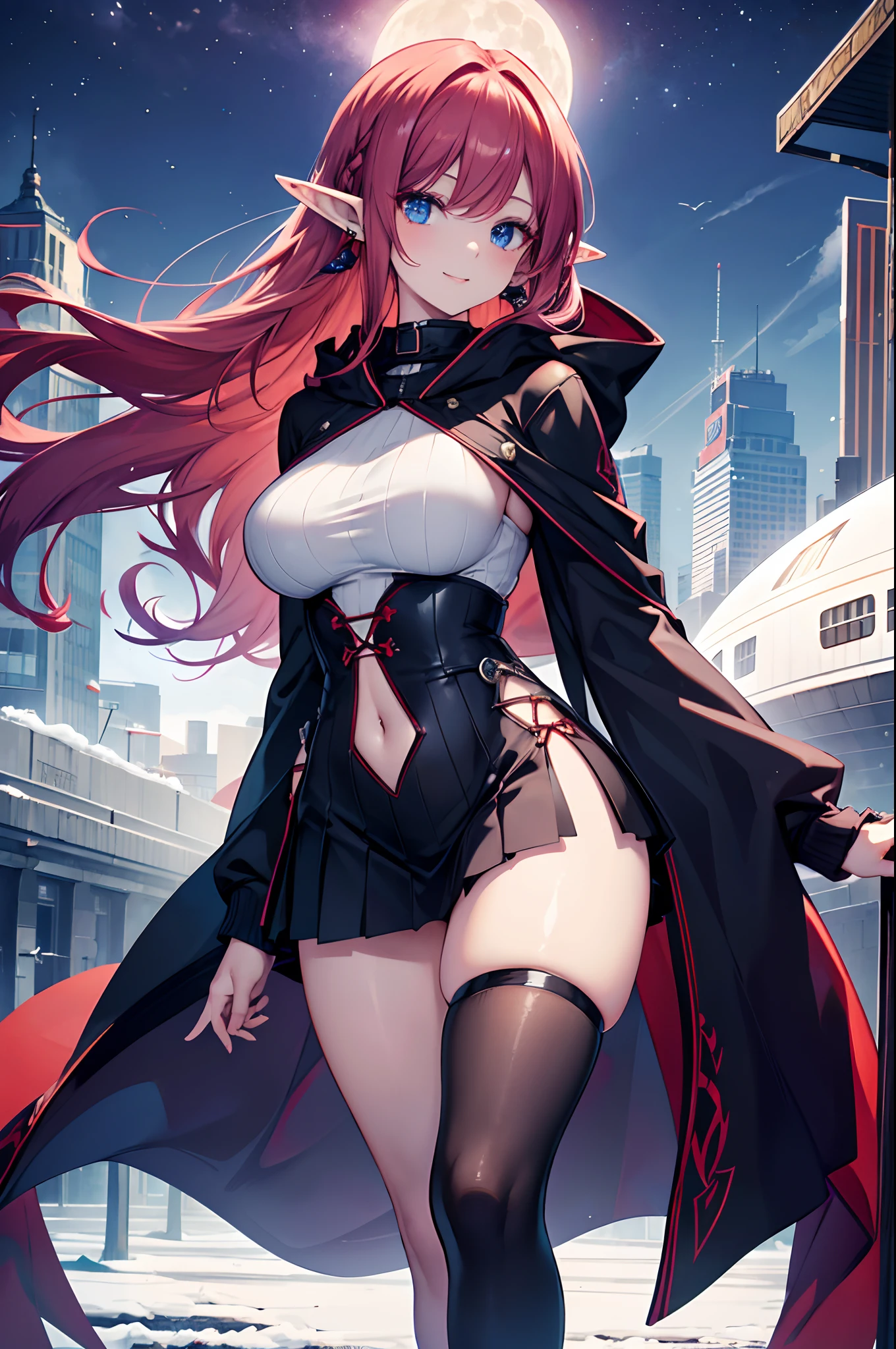 Realistic and detailed image of an elf. Dressed in a hooded sweater and pleated miniskirt. Long silky crimson red hair that is unusually shiny combed to the right. Violet-blue eyes. She has earrings, long eyelashes. She has full, smiling lips. Large breasts, slender waist, very wide hips and thick thighs. Front view. Arched back. She is posing with a city in the distance. Snowy night. Dark environment. Giant full moon.