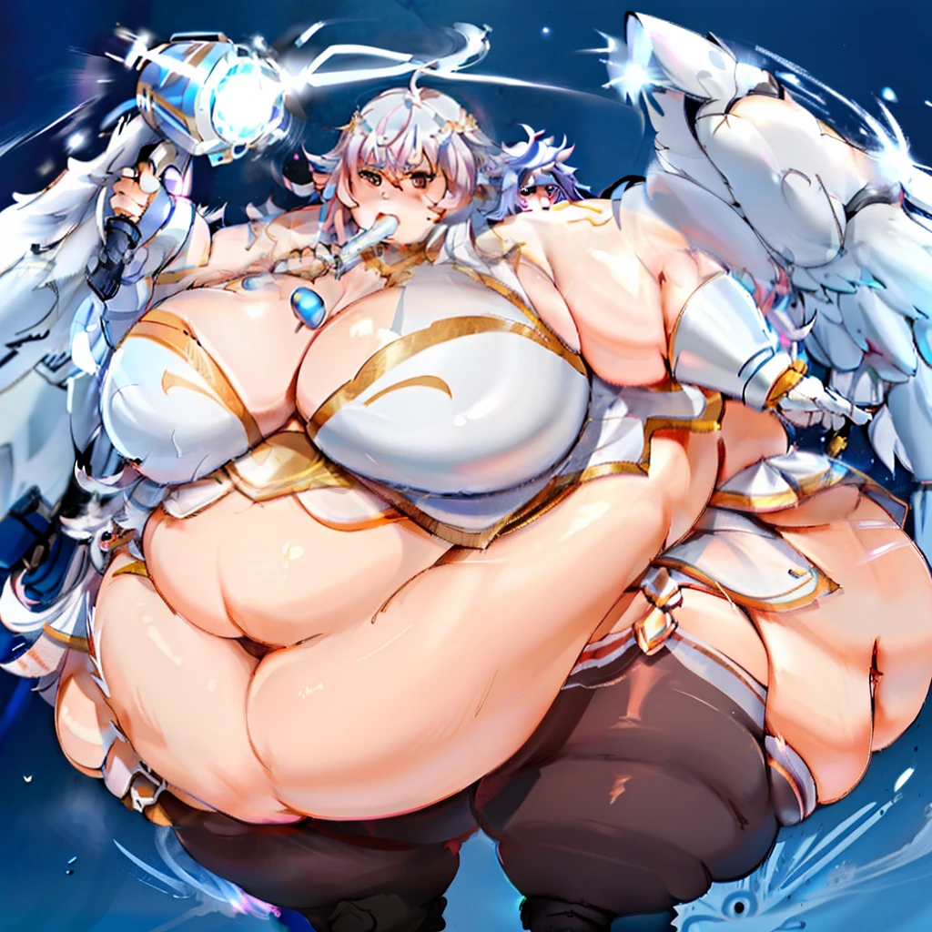 a anime styled image of a fat man with a large white cybernetic Hammer in his hand, he has a jiggly fat round belly,( belly_bigger_than_body), thicc, big belly, belly_on_ground, body swelling about to explode, belly exposed, thicc build, fatbody, fat belly,(( gigantic_hips)) ,(( large fat Thighs, large Fat round but))t , (Short build), ((White hair with Blue and Pink Streaks)) androgynous, plump , Femboy , Messy hair, SFW, High quality, expression( annoyed and Angered) pose(hose_in_mouth),((High quality, masterpiece High aesthetic)),nepOutfit, Underwear