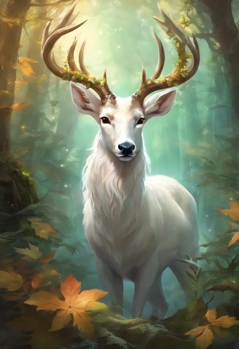 a white buck with small horns adorned with large leaves and vines in a enchanted forest background