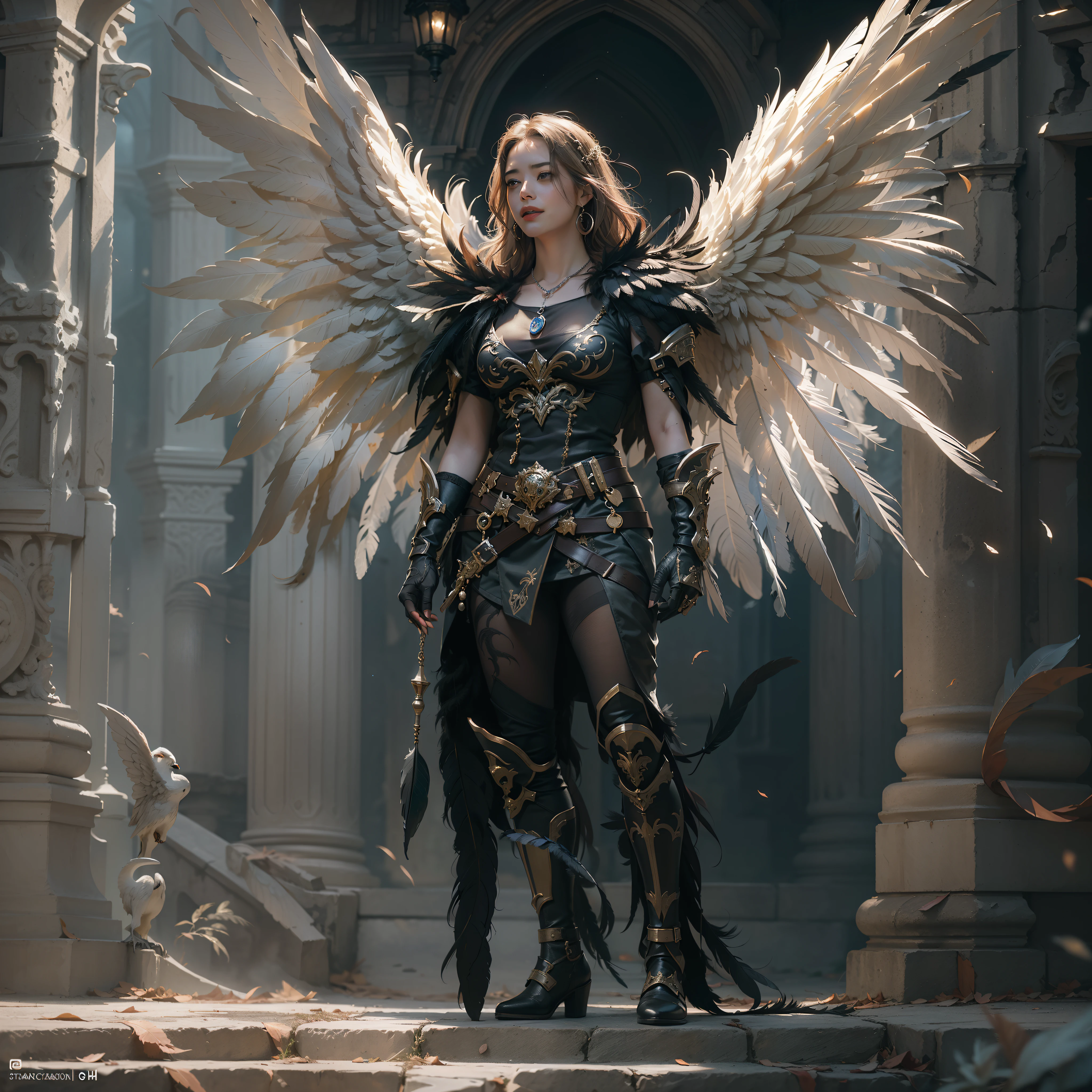 (Numerous award-winning masterpieces, with incredible detail, textures and maximum detail), (full-body standing image:1.8), (upper body up:0.3), (hyper realistic:1.4), (realistic:1.3), (best quality real texture skin), (Lord's Hell Demon Warrior: 1.6), (Holds a sinister straight sword hilt that emits an elaborately decorated glow of hellfire: 1.9), (finely detailed true circle Symmetrical eyes), (finely drawn beautiful face), ((medieval world)), (Full body armor with delicate decoration that gives off a sinister shine: 1.8), (full-body standing image:1.8), (Beautiful yet evil eyes), (Opens mouth wide and laughs happily), (Smiling cruelly), (Eyes of a sinister color filled with malice), (Majestic thunderclouds and sky with shining lightning: 1.4), (halo optical phenomenon:1.3), Dramatic Light, majestic sight, (Large wings with Jet black feathers behind the shoulders:1.7), (((Folded wings))), Glass earrings on the ears, (((dramatic photo))), (full-body standing image:1.8), (Sacred Pose), (golden hair), (silver hair), (chestnut hair), Short cut hair, ((looks up)), ((looking down)), (Around her neck is a simple necklace of exquisite workmanship), Old ruins infested with plants, great temple, great cathedral, temple ruins, detached temple, (Luminous magic circle), Ruins of an ancient castle, Deserted ruins, crumbling ruins, Ancient ruins with clear water, highly detailed, ultra-realistic, intricate details, painting (artwork), ((masterpiece,best quality)), ((cinematic light)), hyper realistic, fearsome, dark fantasy, Sacred Light, epic realistic, faded, ((neutral colors)), art, (hdr:1.5), (muted colors:1.2), hyper detailed, (art station:1.5), cinematic, warm lights, light effect, dramatic light, (intricate details:1.1), complex background, (Greg Rutkowski:0.8), (teal and orange:0.4),