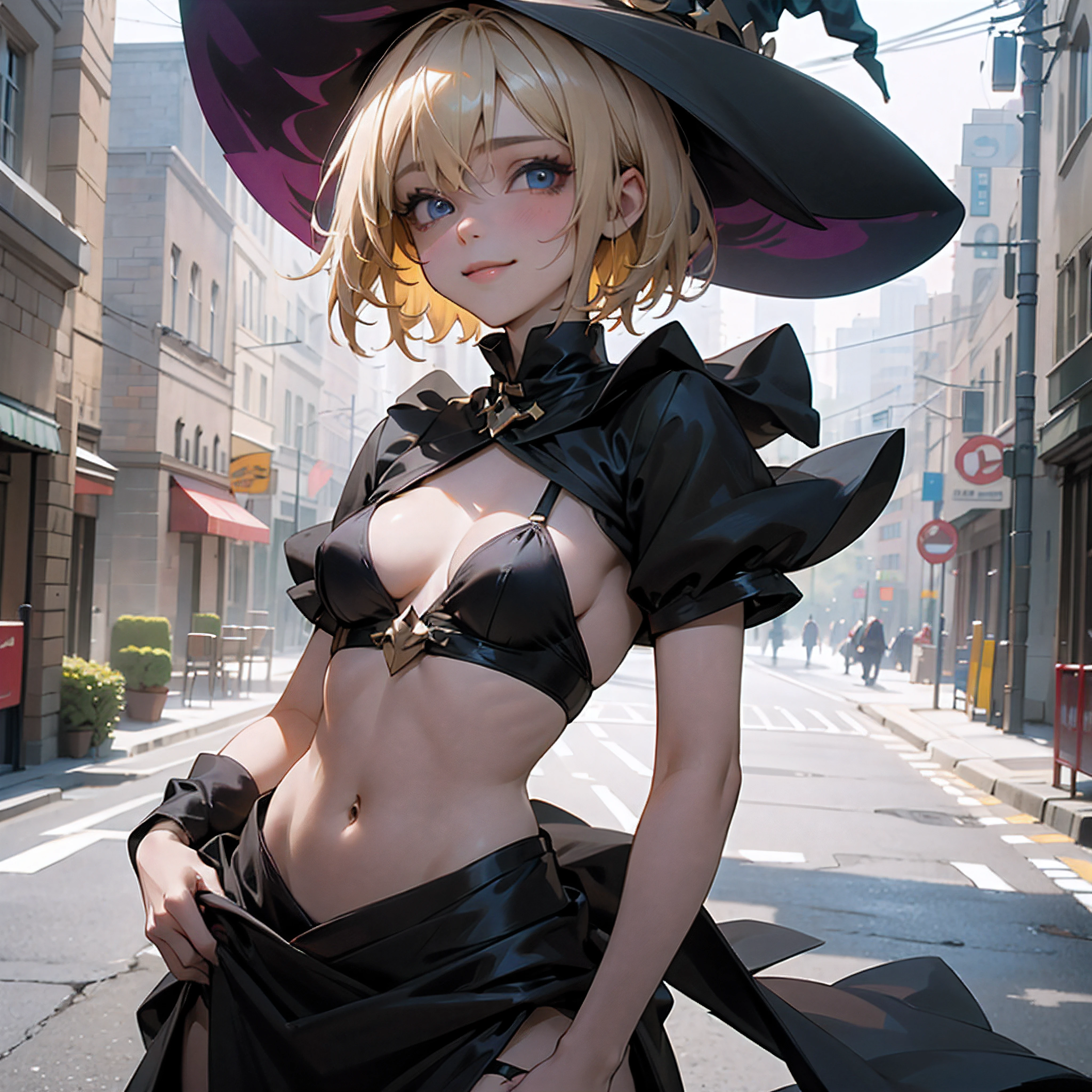 Short girl, short blond hair, witch cosplay, beautiful detailed eyes, skinny, kinky low smile, street background, lifting chest, big breasts, Cleavage, witch hat, small waist
