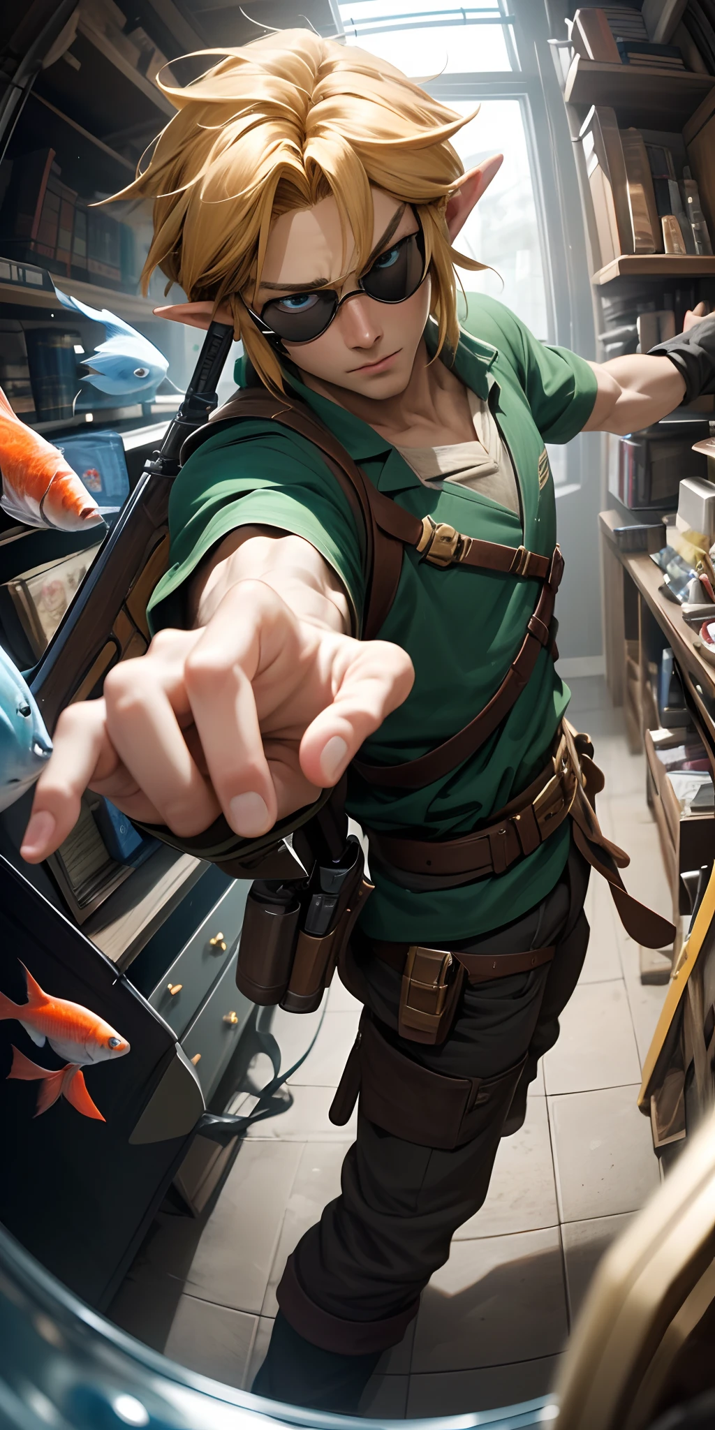 link from the legend of zelda pointing a gun at the camera with sunglasses on, aesthetic, fish eye lens