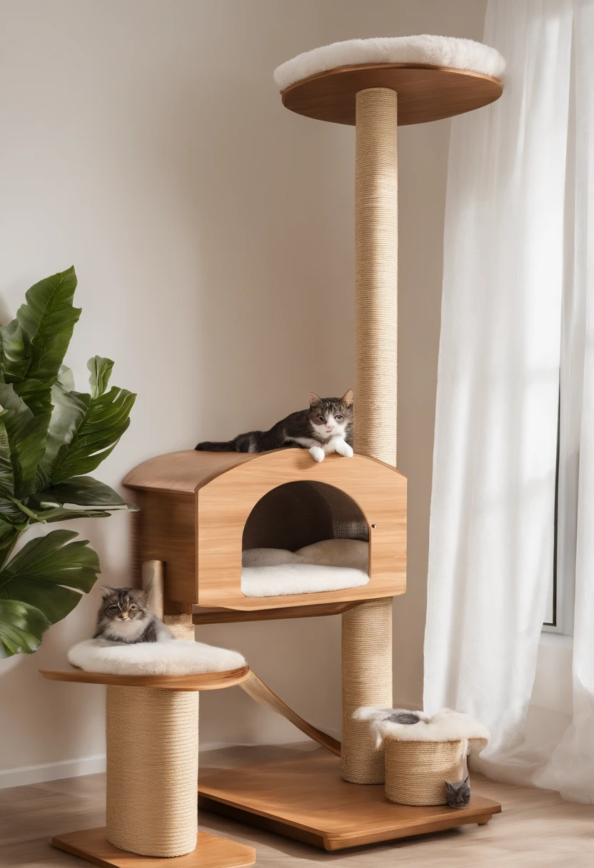 (best quality, highres, ultra-detailed),cat scratching board,cat teaser,cat tree with a cozy cat bed on top,modern furniture style,stylish design,attention to details,wooden textures,neutral colors,soft lighting,cat furniture,pets,cats,playful,entertainment,interactive,comfortable resting space,relaxation,home decor,indoor,pet accessories,fun activities,stimulating environment