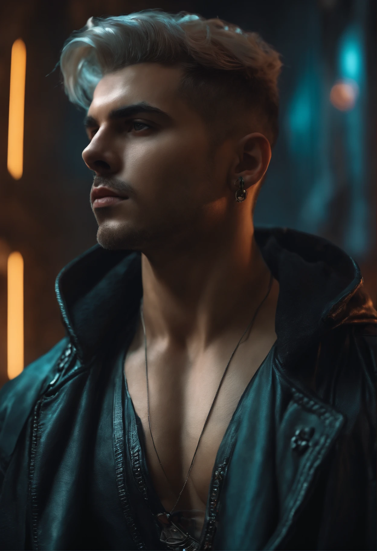 Mudar fundo cyberpunk menino bonito , Rosto realista ,8k ultra, masculine handsome male