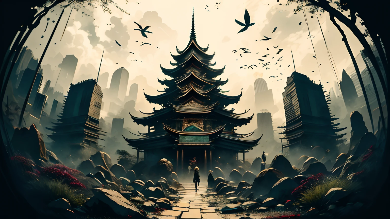 Absurd, high resolution, ultra-detailed, (1 girl:1.3), broken, design a beautiful temple scene, intricate architecture, lush gardens, and a sense of peace and spirituality. Broken, creating an image of a destructive demon with terrifying features, dark powers, and a thirst for chaos and destruction. Broken, designed with a fisheye effect image that captures a wide field of view with a unique curved viewing angle. Break to create rooftop views in urban environments with panoramic cityscapes, dramatic skylines, and a sense of elevation. Break , illustrating the tender moments between parents and children, capturing their bonds, love, and connection. Broken, using pointillism to illustrate images, carefully placed tiny dots of color to create a cohesive and visually stunning whole.