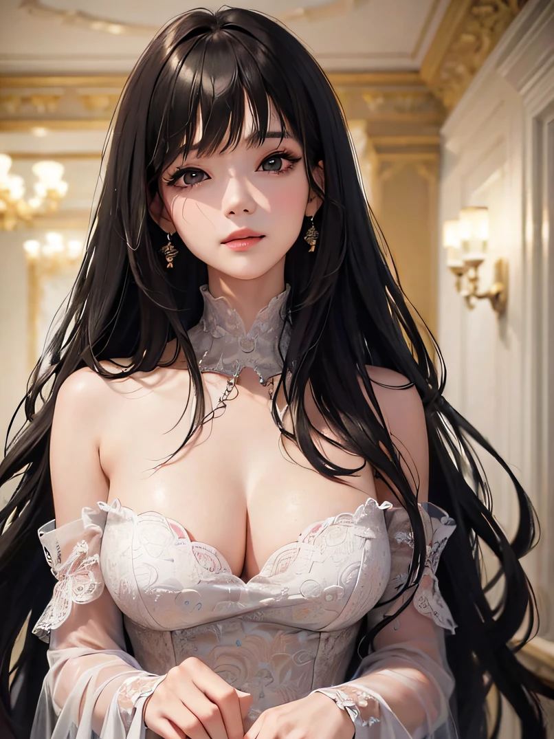((top-quality、masuter piece:1.3))、超A high resolution、(The best illustrations)、1 female、a beauty girl:1.3、3/5 shots、Straight hairstyle、A dark-haired、glistning skin、lightsmile、closes mouth、爆乳、Off-shoulder see-through white long dress、hyperdetailed face、A detailed eye、Detailed hand、watching at viewers、in a house、Luxurious rooms of the court、Highly detailed facial and skin texture、Focus on the face、A detailed eye、Detailed hand depiction