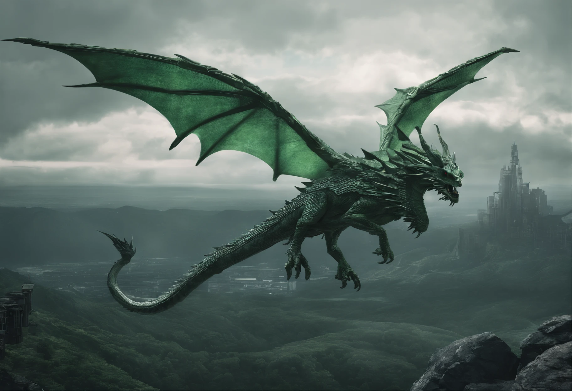 green wooden Dragon in flight from geo data in the style of a detailed hyperrealism photo shoot