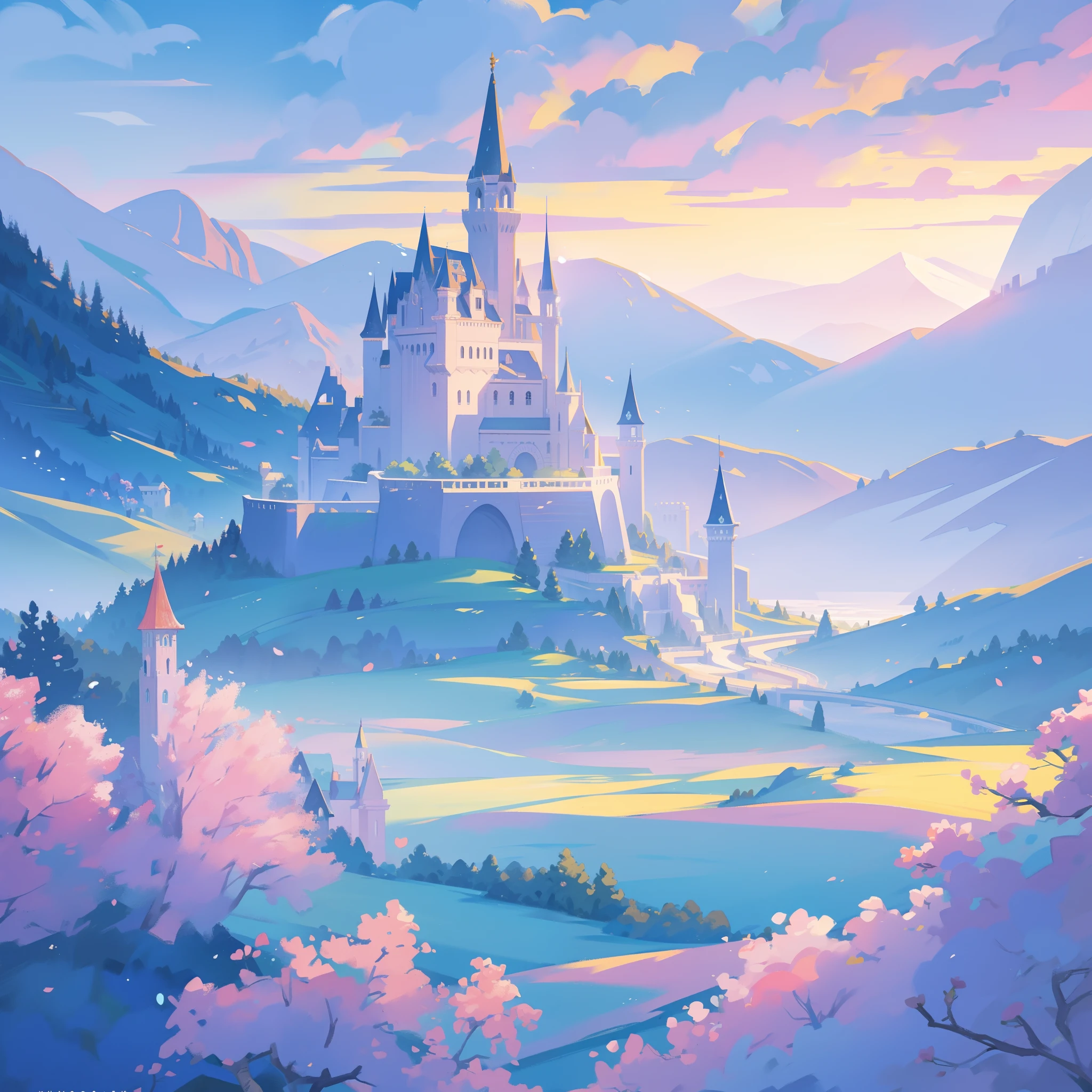 picture book illustration, watercolor storybook illustration, princess castle, fairytale castle, fairytale towers, clouds, vibrant pastel colors, dream, colorful, whimsical, magical, masterpiece, best quality, sharp focus, intricately detailed environment, fine detail, 8k resolution, (magical landscape), (otherworldly landscape), (fantasy world), elven castle, magical, whimsical