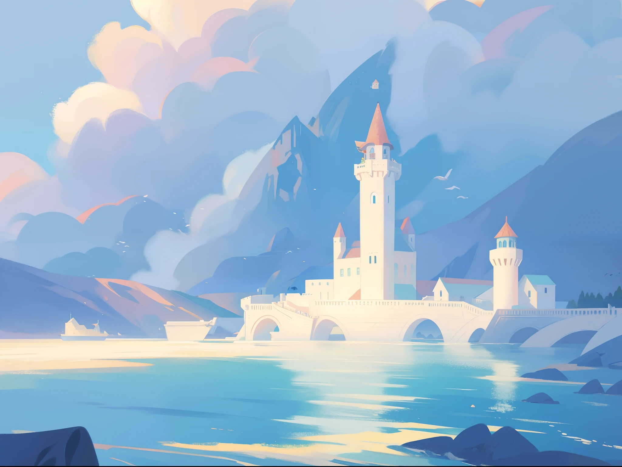 picture book illustration, watercolor storybook illustration, ocean castle, seaside castle, towers, archways and bridges, vibrant pastel colors, dream, colorful, whimsical, magical, masterpiece, best quality, sharp focus, intricately detailed environment, fine detail, 8k resolution, ocean, seaside, horizon