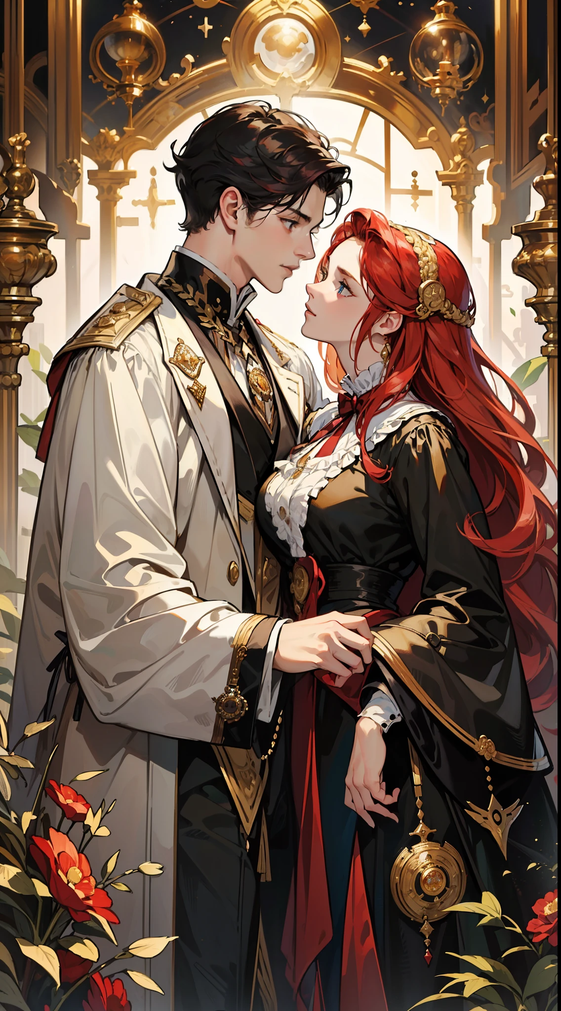 ((masterpieces)), best quality, exceptional illustration, a couple kissing, soft focus, 1 boy with short black hair, BLUE EYES, 1 girl with long wavy red hair, GOLDEN YELLOW EYES, Victorian clothing, Victorian romanticism, opulent and exquisite atmosphere, soft light and warm lighting.