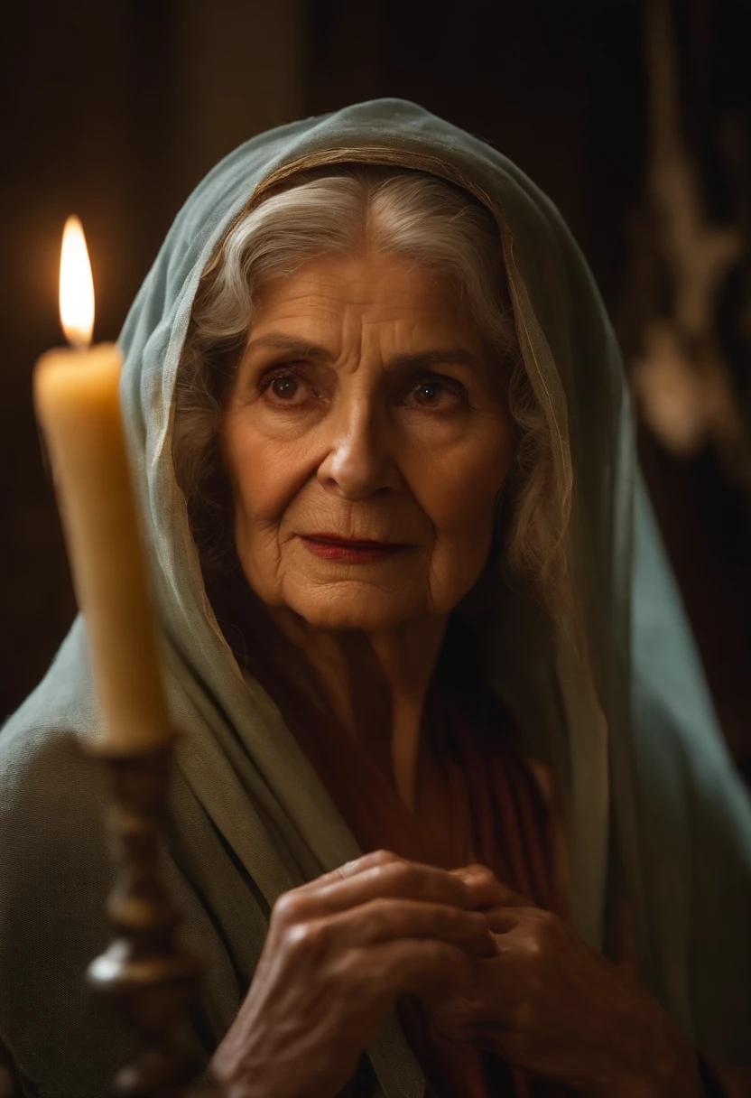 filme de terror, Cursed Old Woman, bruxa, cheia de rugas e cortes no rosto, na casa dos 90 anos, fundo de uma cozinha escura, olhos todos pretos, Roupas escuras, Rasgado, candle in hand, virado para a frente, detalhado no rosto,Realistic image,cabelos grisalhos,corvo