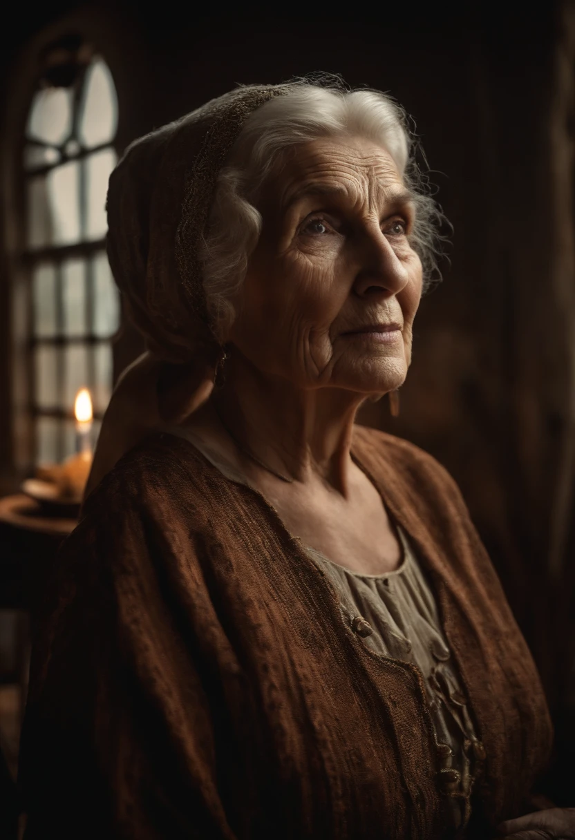filme de terror, Cursed Old Woman, bruxa, cheia de rugas e cortes no rosto, na casa dos 90 anos, fundo de uma cozinha escura, olhos todos pretos, Roupas escuras, Rasgado, candle in hand, virado para a frente, detalhado no rosto,Realistic image,cabelos grisalhos,corvo