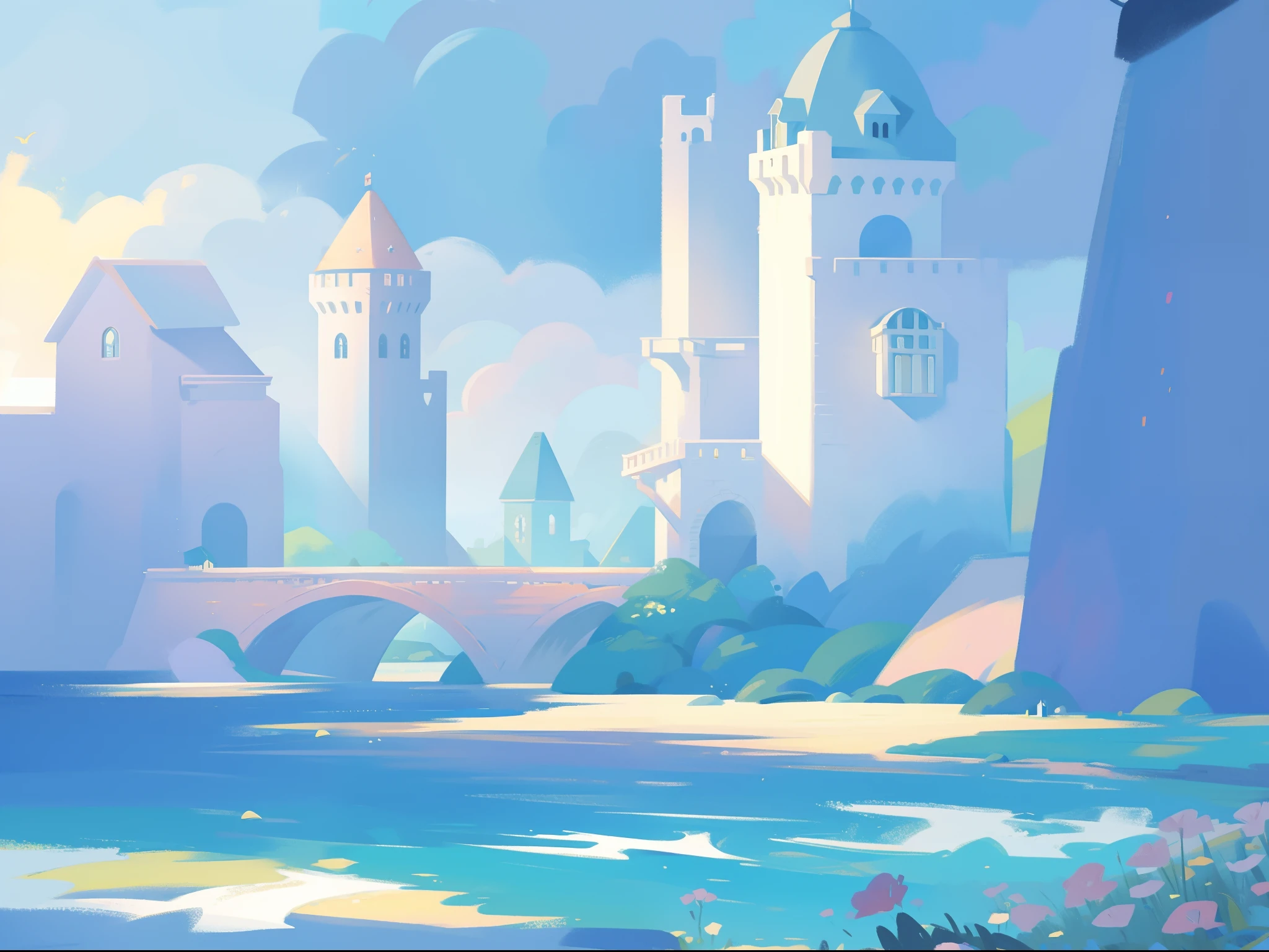 picture book illustration, watercolor storybook illustration, ocean castle, seaside castle, towers, archways and bridges, vibrant pastel colors, dream, colorful, whimsical, magical, masterpiece, best quality, sharp focus, intricately detailed environment, fine detail, 8k resolution, ocean, seaside, horizon