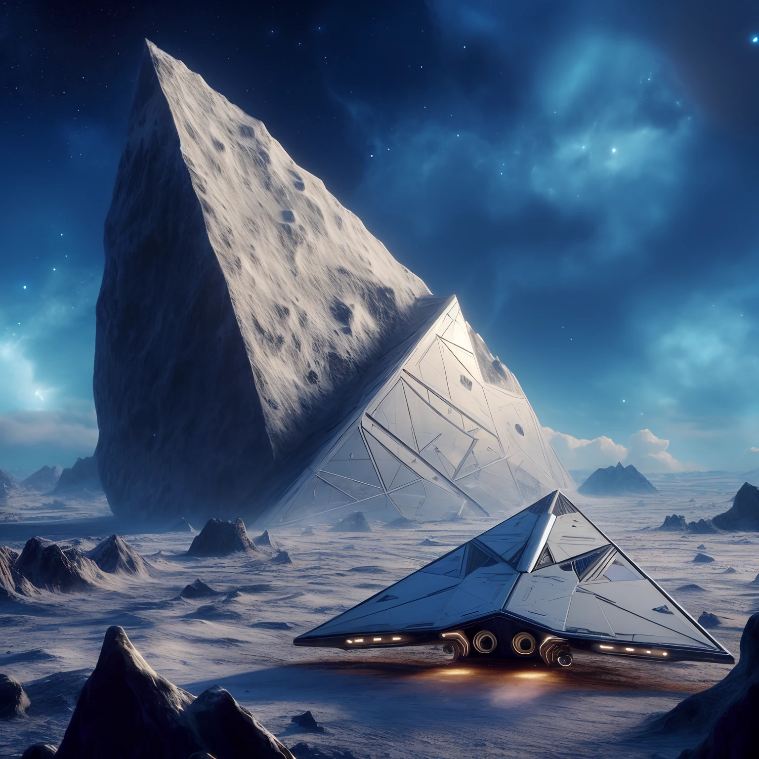 spaceship landing on a snowy planet with a pyramid in the background, in the art style of filip hodas, jessica rossier fantasy art, stefan koidl inspired, beeple and jean giraud, inspired by Filip Hodas, ancient futuristic, sci-fi digital art, concept art 8 k, ancient yet futuristic