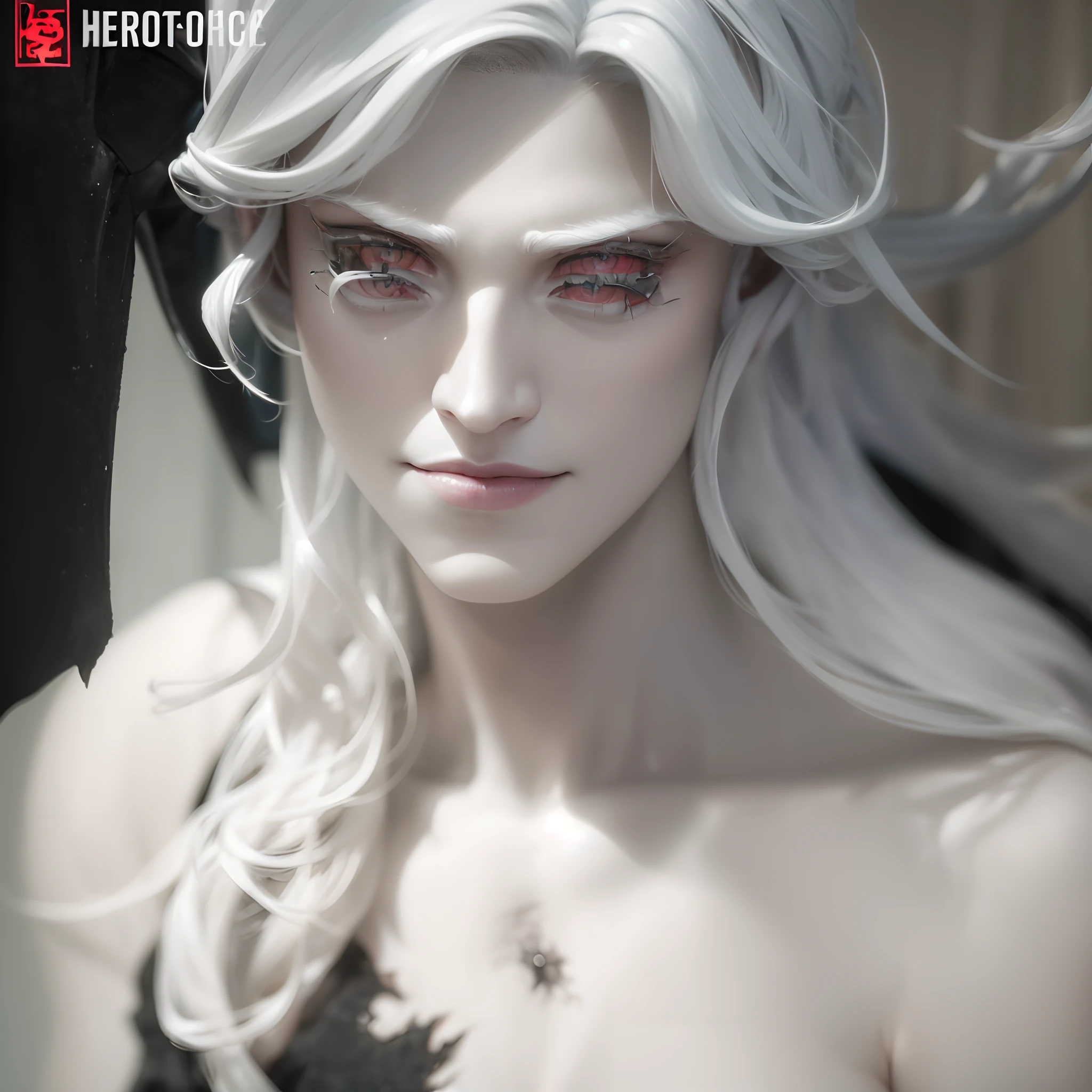 (portraite of a), ((beste-Qualit, hight resolution, ultradetailed), bright colours, ((1 male)), grown up, tall muscular guy, wide shoulders, Fantasy, dnd, person, ((4 eyes)), 2 Pairs of eyes, beatiful face, Neat facial features, detailized face, Bright Red Eyes, albino, White Skin Skin, Lush eyelashes, smirk, wicked smile, pretty eyes, Sadism, White long hair, white colored hair, slick hair, straight hair, naked torso, pale skin, Lots of scars, Scars on the skin, Black wound on the chest, macabre, Gloomy design, Has red smoke and aura, eldritch, Creepy, nightmarish, light around the head, Additional lighting, enticing