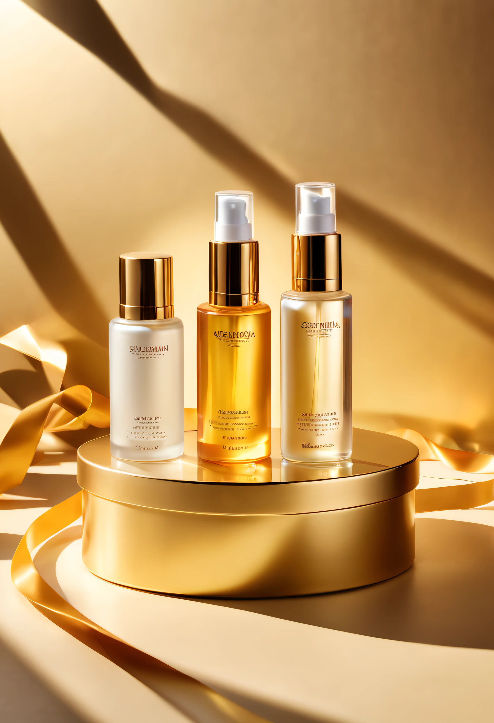 Some skin care products, round glass bottles with liquid, placed on the ribbon gold gift box above, some shadows on the back wall, commercial photography, advanced sense of light and shadow, sunlight lighting, sunlight points like scattered on the ground, highlighting the theme, face map, virtual engine, power lens