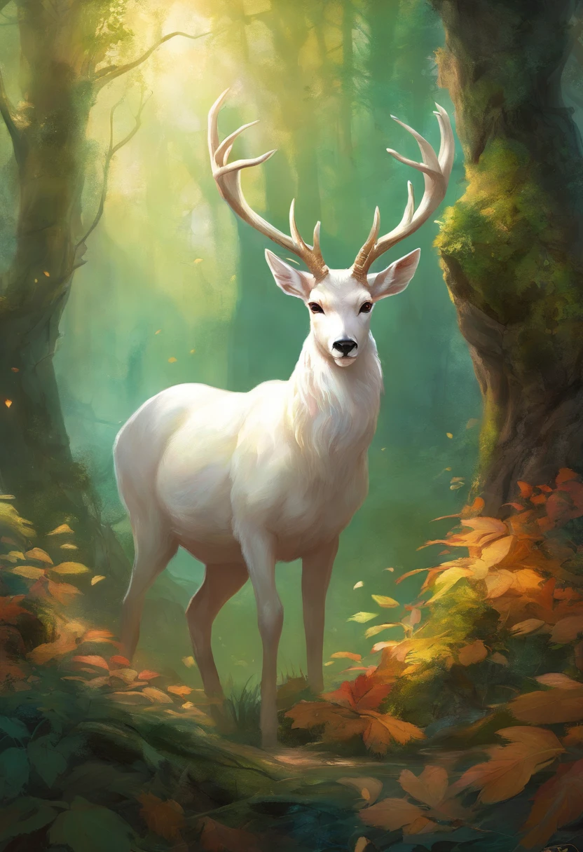 a white buck with small horns and the horns are adorned with large leaves and vines in a enchanted forest background