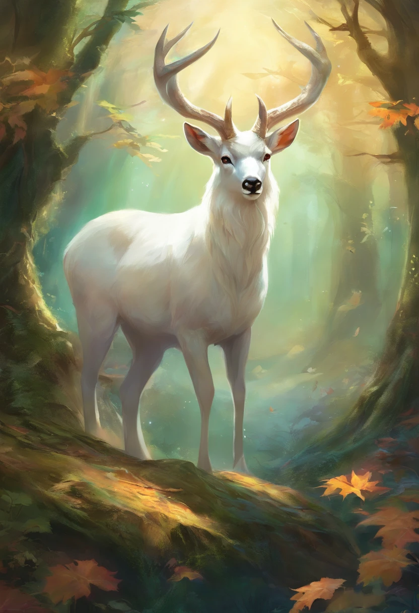 a white buck with small horns and the horns are adorned with large leaves and vines in a enchanted forest background