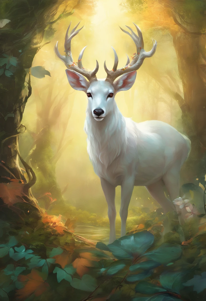 a white buck with small horns and the horns are adorned with large leaves and vines in a enchanted forest background