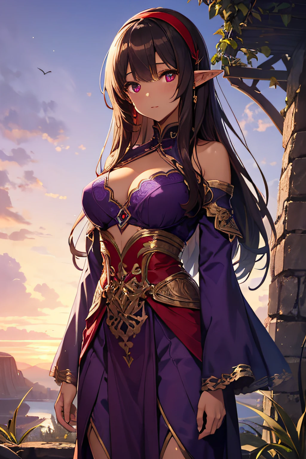 top-quality、extremely delicate and beautiful、Soio、Soio、Elven Woman、A dark-haired、Early 20s、((Brown skin))、(red eyes)、red hairband、Nice Buddy、Beautiful breasts、(((Purple clothes)))、The chest is visible、Valley、is standing