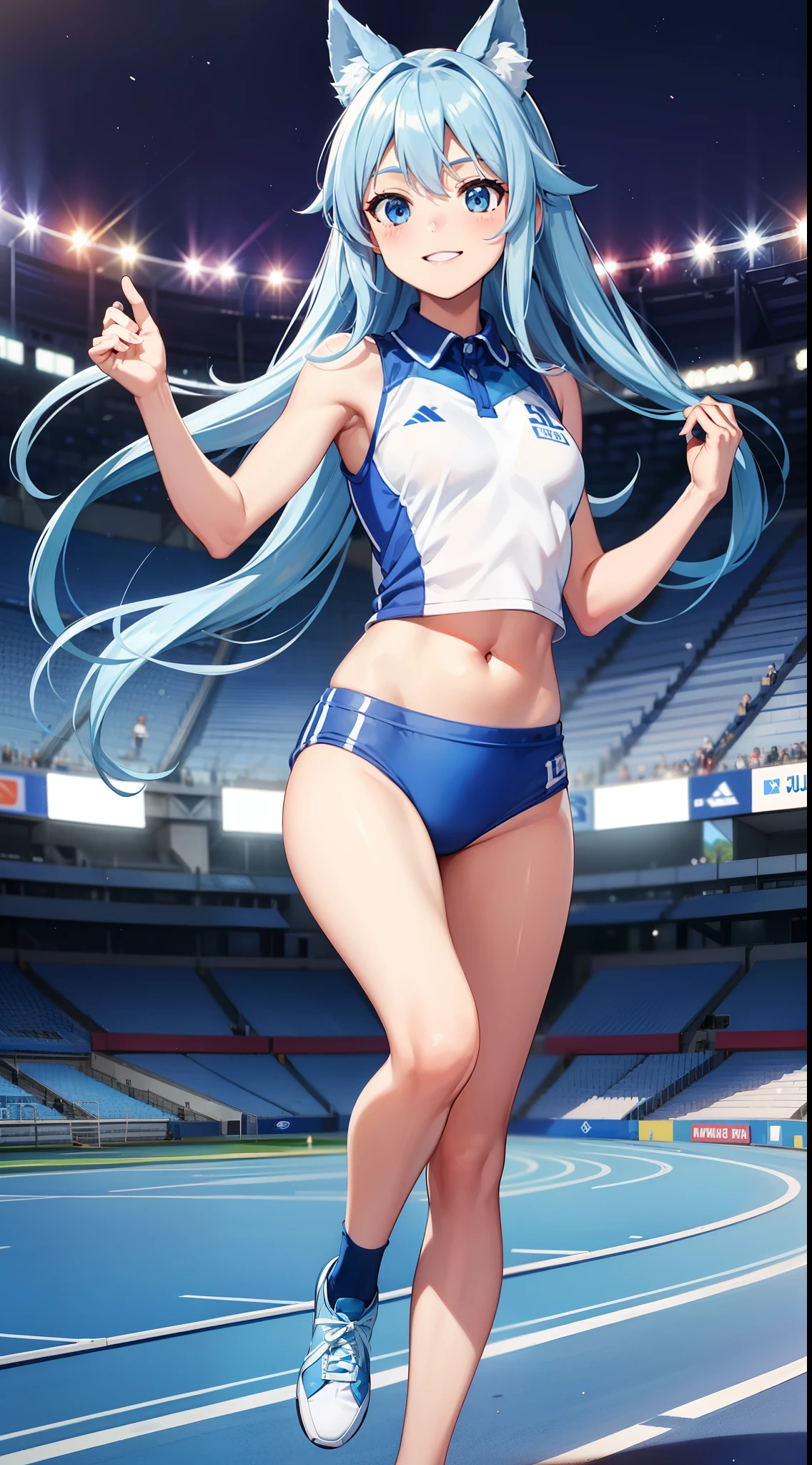 femele.(track and field). adorable smiling、Light blue long hair、Twin-tailed、(World Athletics).(Blue White Track Uniforms:1.2), Sleeveless, (spectator seats).(Packed stadium).(Independent Athletics Uniform).competition, Perfect hands, Show belly, Running