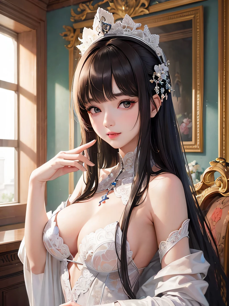 ((top-quality、masuter piece:1.3))、超A high resolution、(The best illustrations)、1 female、a beauty girl:1.3、4/5 shots、Straight hairstyle、A dark-haired、glistning skin、lightsmile、closes mouth、爆乳、Off-shoulder see-through white long dress、Earring、hyperdetailed face、A detailed eye、Detailed hand、watching at viewers、in a house、Luxurious rooms of the court、Highly detailed facial and skin texture、Focus on the face、A detailed eye、Detailed hand depiction