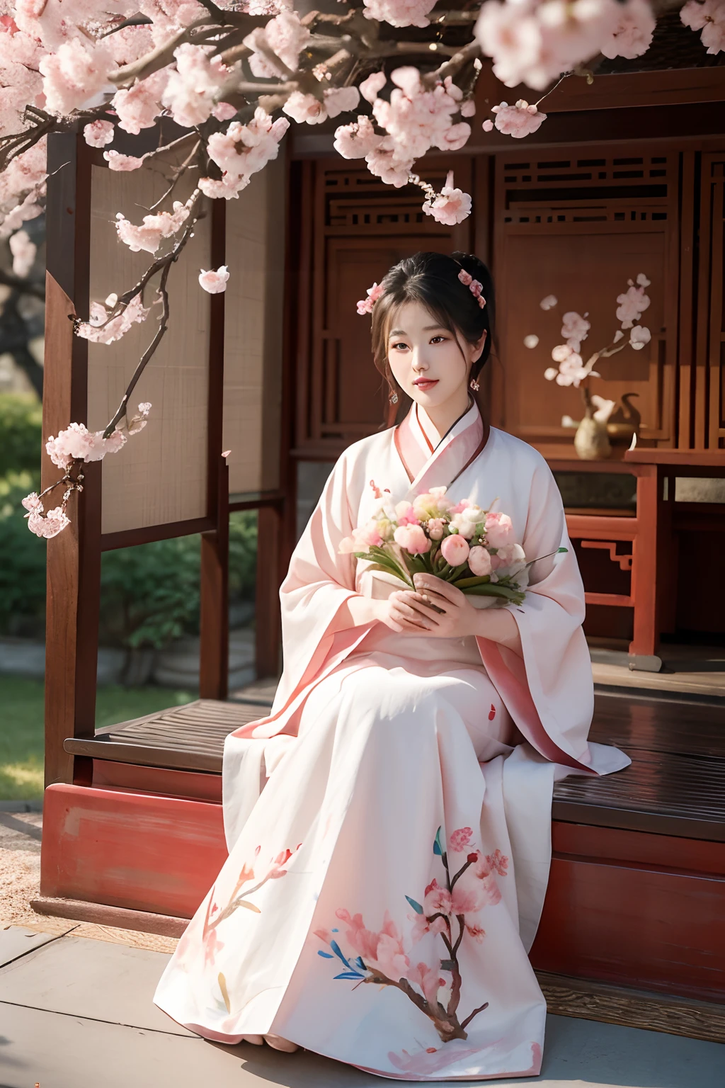 Dream of the Red Chamber, Lin Daiyu, Peach Blossom, Under the Peach Blossom Tree, Flower Basket, Ancient Poetry and Books, Lin Daiyu's Burial Flowers, Smoke Curling, Traditional Chinese Painting, Colorful Ink Painting, --ar 4:3 --v 5.2