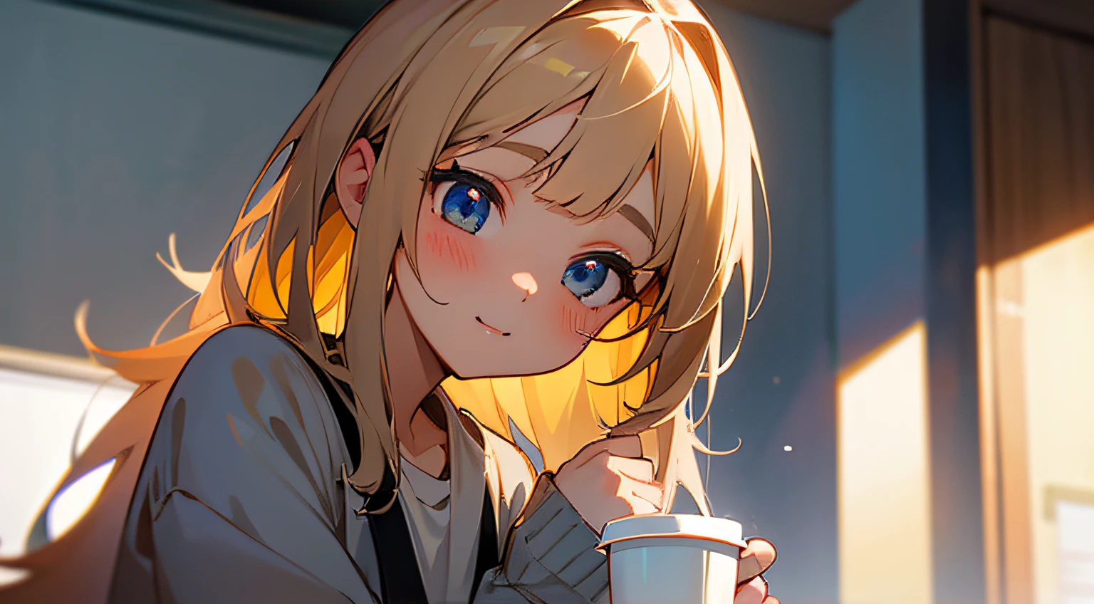 There was a young girl holding a cup of coffee in her hand, girl cute-fine face, Cute natural anime face, with cute