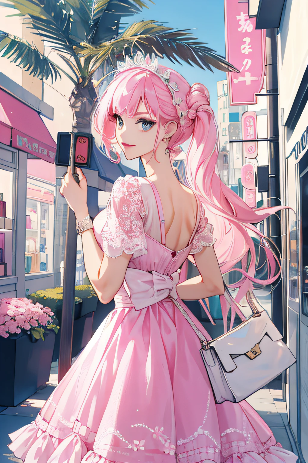 Make another scene with the same style, Barbie is now outside the perfume shop, Now she holds a perfume shop bag, She was about to get in the car, Her car is a C1 Corvette, Pink and white, C1 Corvette, She wore a pink and white checkered dress,The background shows a city of 80 California, There are palm trees and a lot of pink flowers.