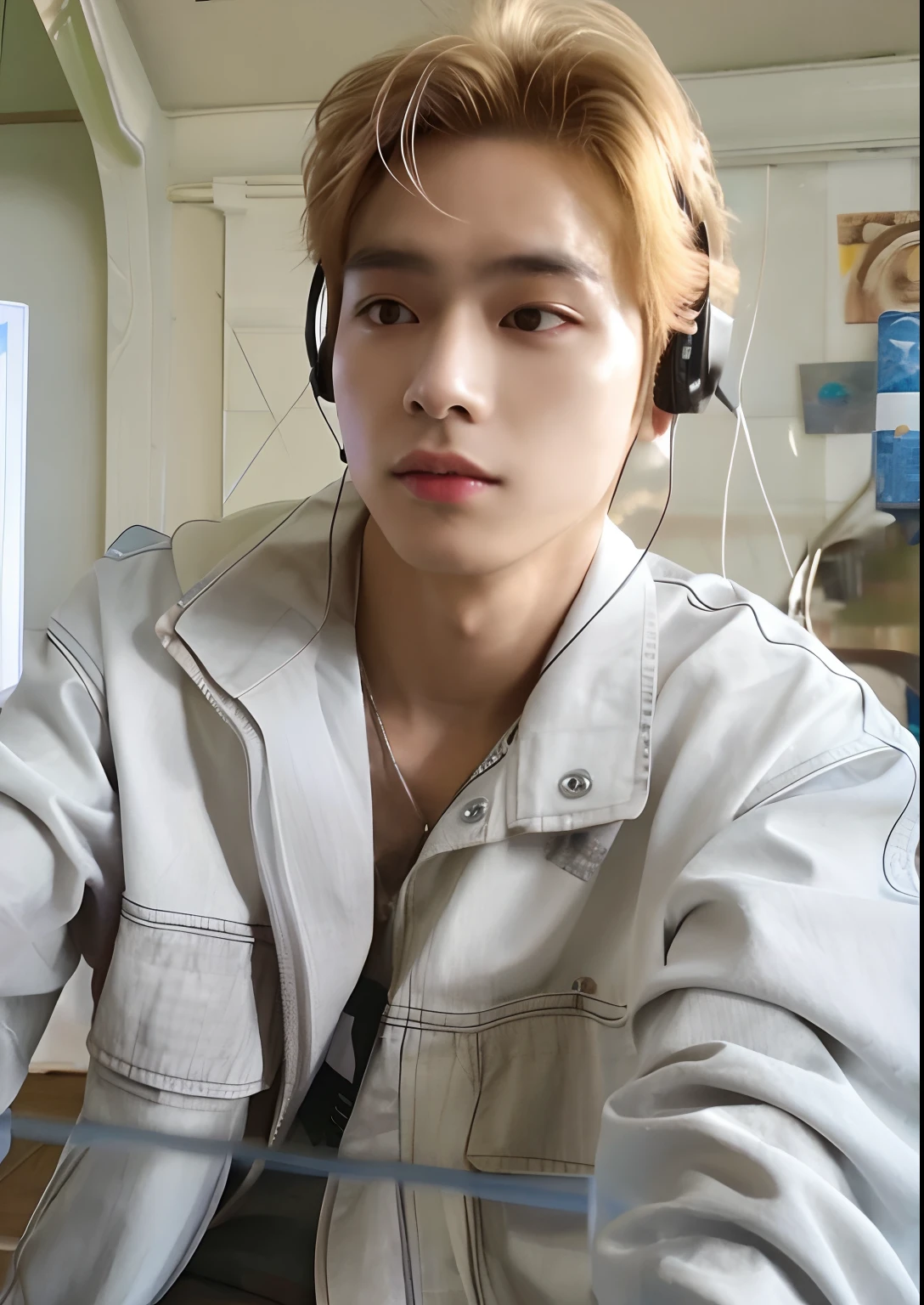 There's a man wearing headphones sitting at a table, Beautiful androgynous prince, Jung Jaehyun, delicate androgynous prince, Ulzzang macho, Jovem Anjo Wan, Sakimichan, Kim Doyoung, Sakimichan Frank Franzzeta, TaeJune Kim, Todos do Grupo NCT, tomboy cabelo platinado curto, Inspirado em Jeonseok Lee