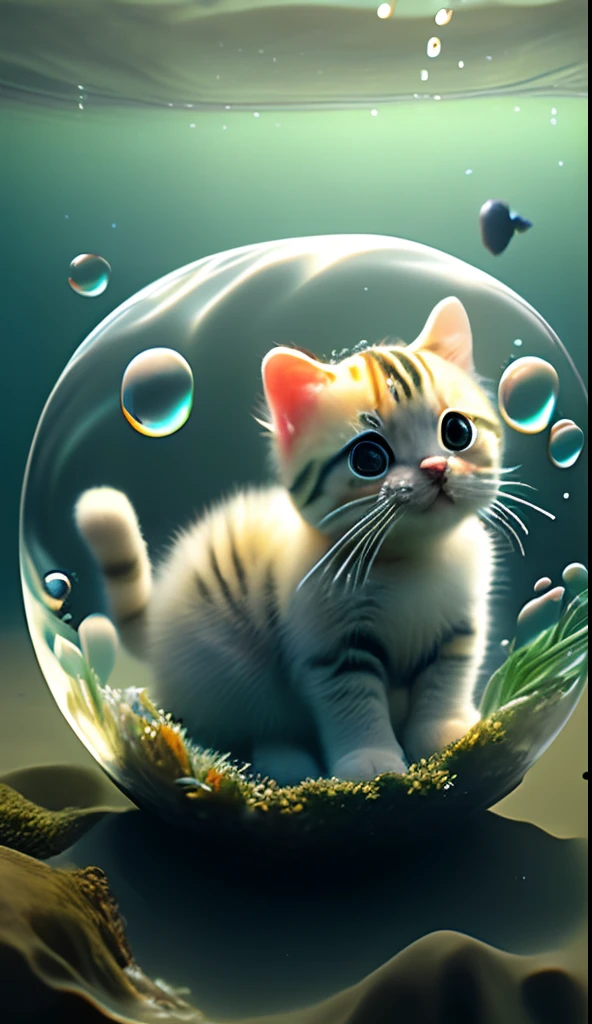Cute cat in bubbles with fish and seaweed,Full-figured,Raw photo, Realism